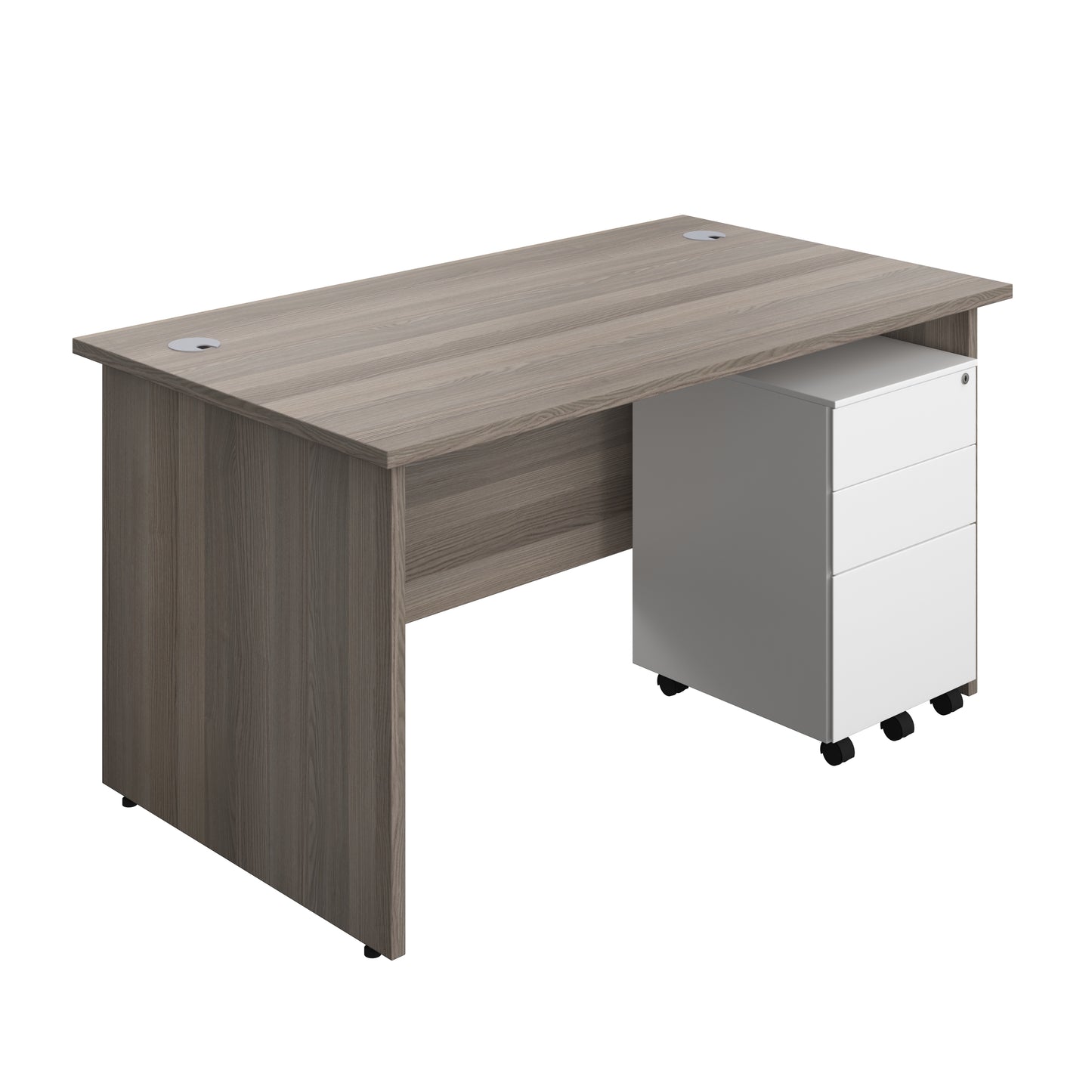 Aztec|Panel|Rectangular Desk with 3 Drawer White Steel Pedestal|1400x800|Grey Oak