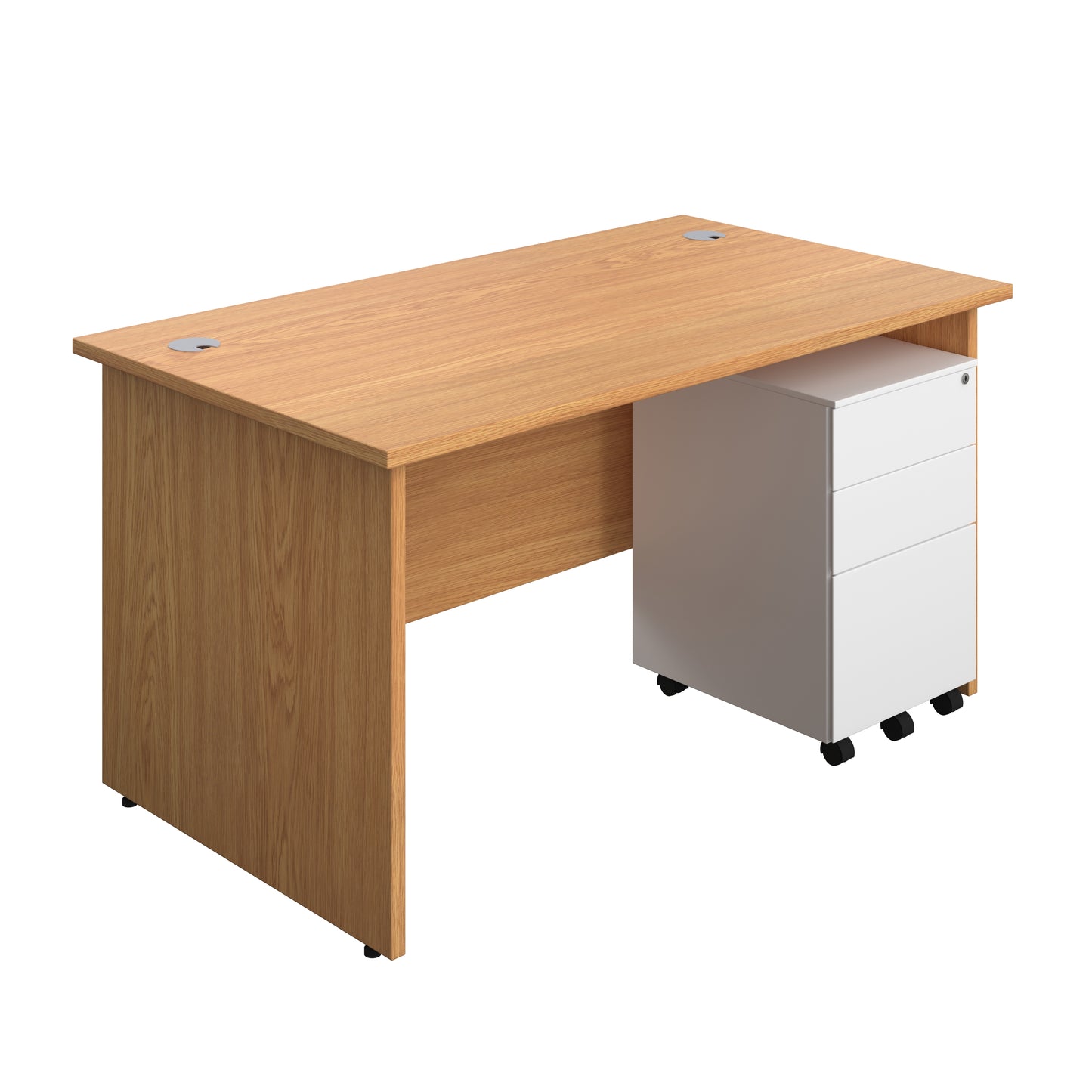 Aztec|Panel|Rectangular Desk with 3 Drawer White Steel Pedestal|1400x800|Nova Oak