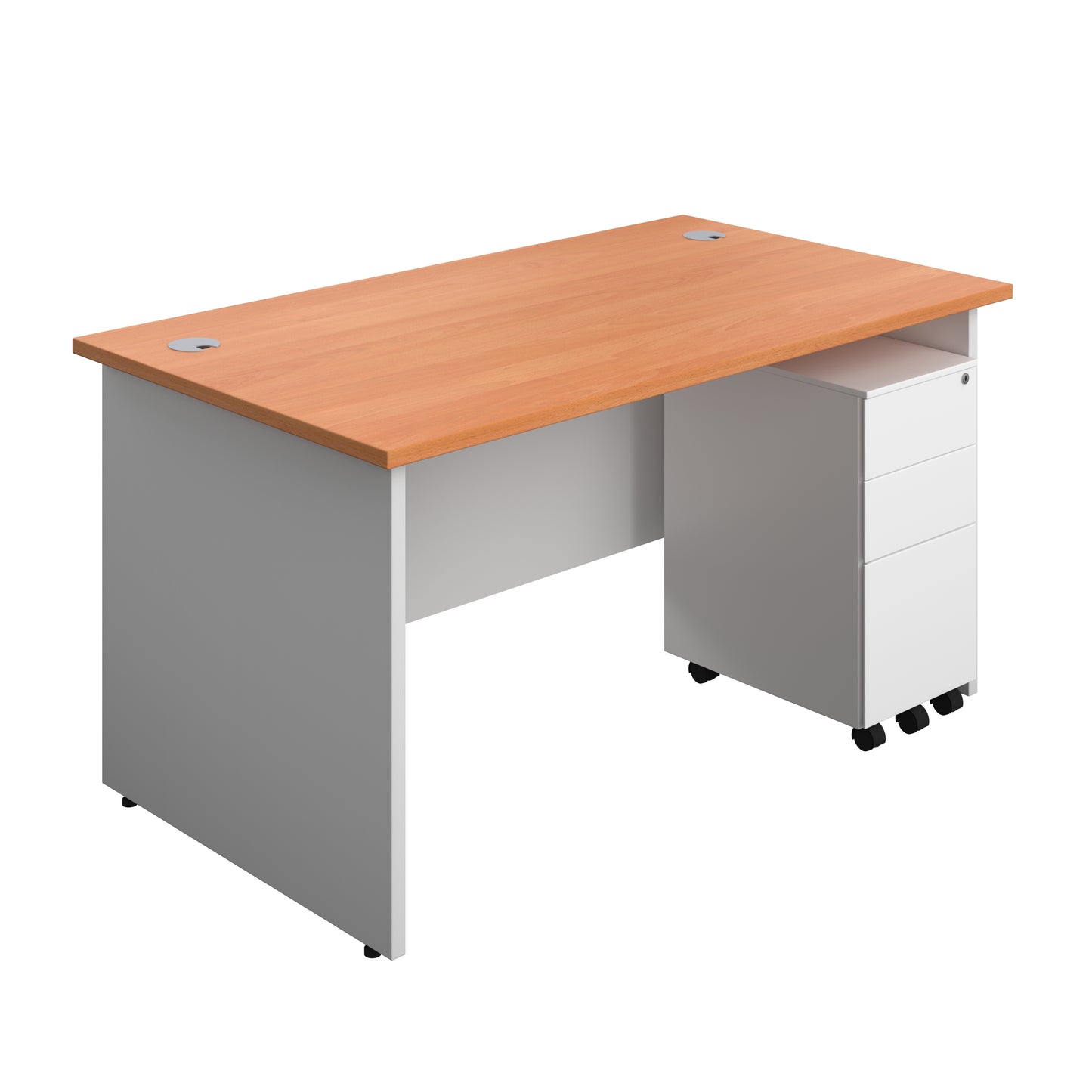 Aztec|Panel|Rectangular Desk with 3 Drawer Slimline Steel Pedestal|1400x800|Beech-White