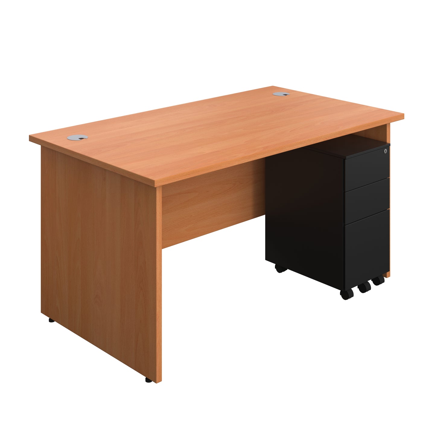 Aztec|Panel|Rectangular Desk with 3 Drawer Black Slimline Steel Pedestal|1400x800|Beech
