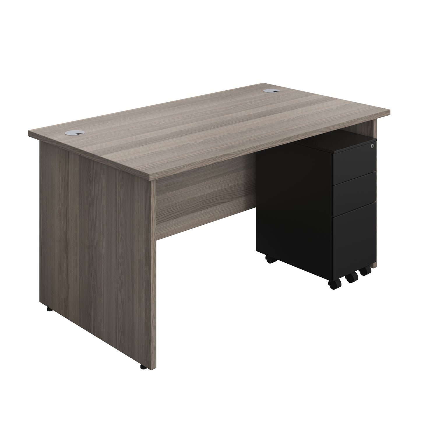 Aztec|Panel|Rectangular Desk with 3 Drawer Black Slimline Steel Pedestal|1400x800|Grey Oak