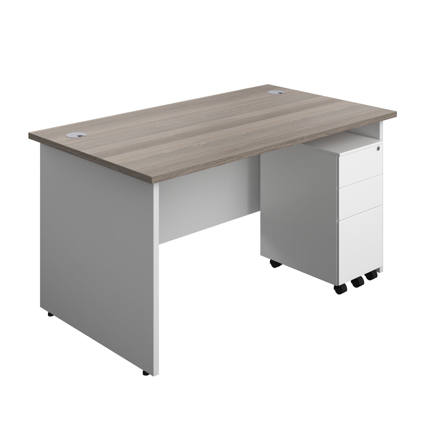 Aztec|Panel|Rectangular Desk with 3 Drawer Slimline Steel Pedestal|1400x800|Grey Oak-White