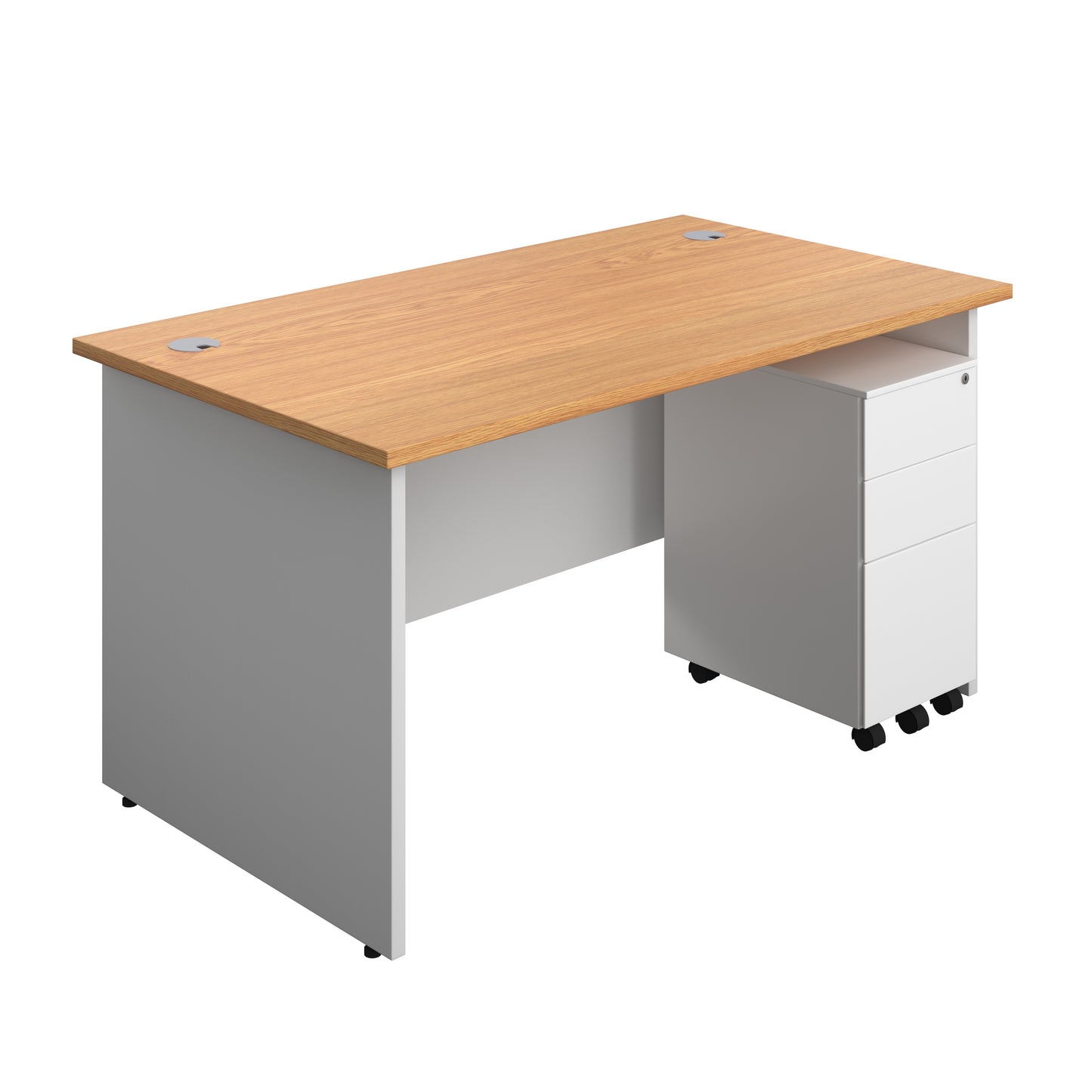 Aztec|Panel|Rectangular Desk with 3 Drawer Slimline Steel Pedestal|1400x800|Nova Oak-White