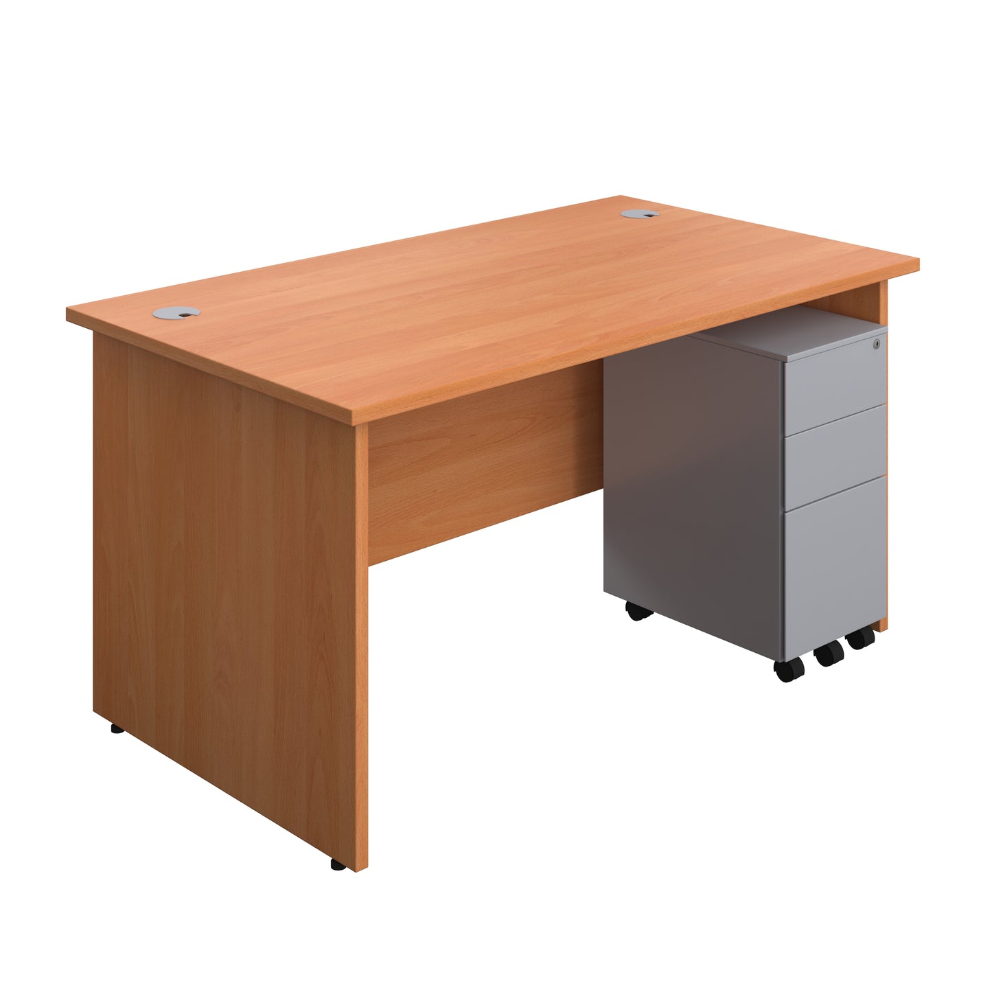 Aztec|Panel|Rectangular Desk with 3 Drawer Silver Slimline Steel Pedestal|1400x800|Beech