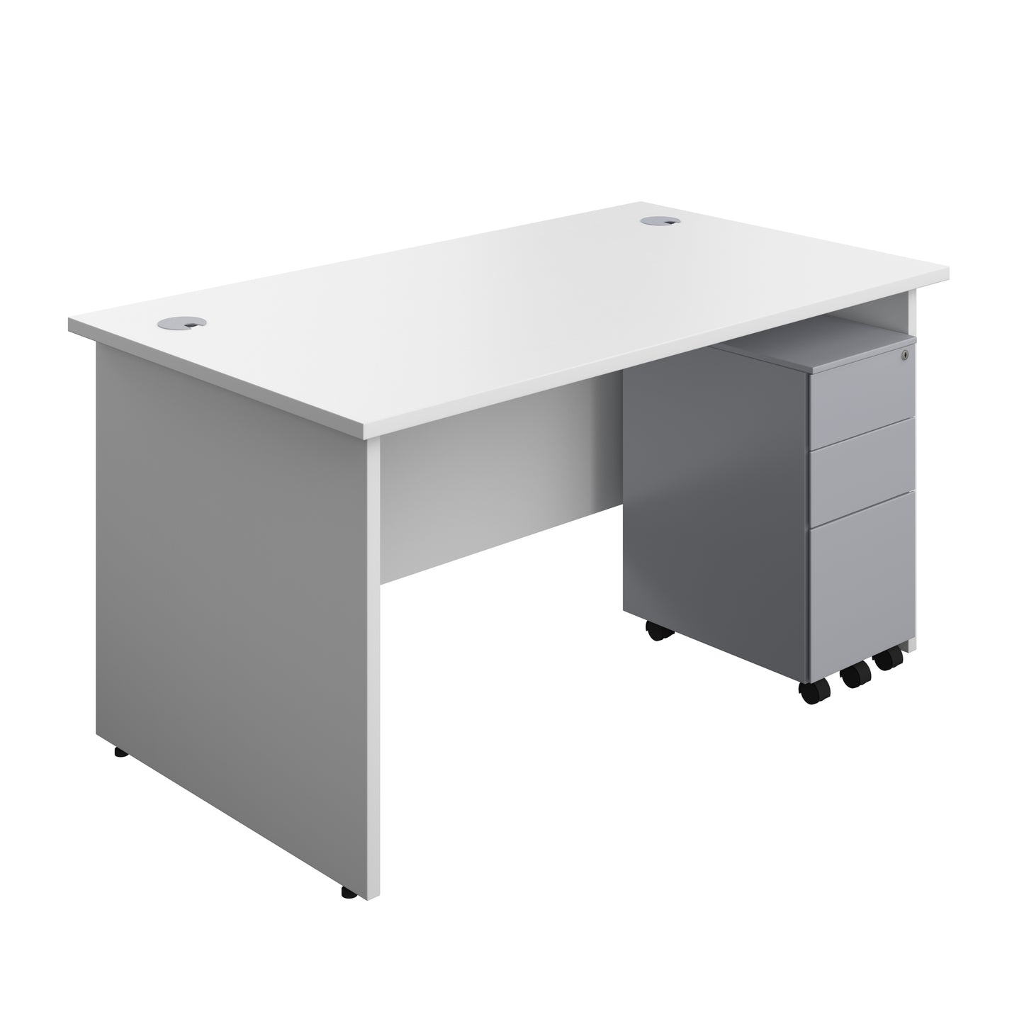 Aztec|Panel|Rectangular Desk with 3 Drawer Silver Slimline Steel Pedestal|1400x800|White