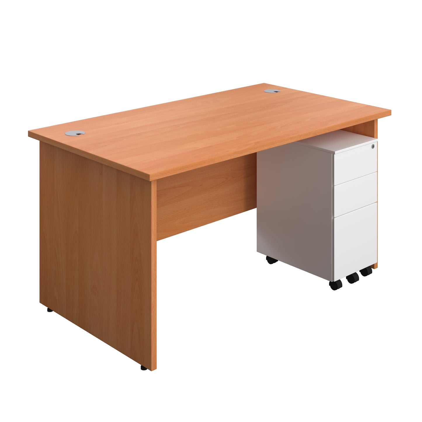 Aztec|Panel|Rectangular Desk with 3 Drawer White Slimline Steel Pedestal|1400x800|Beech