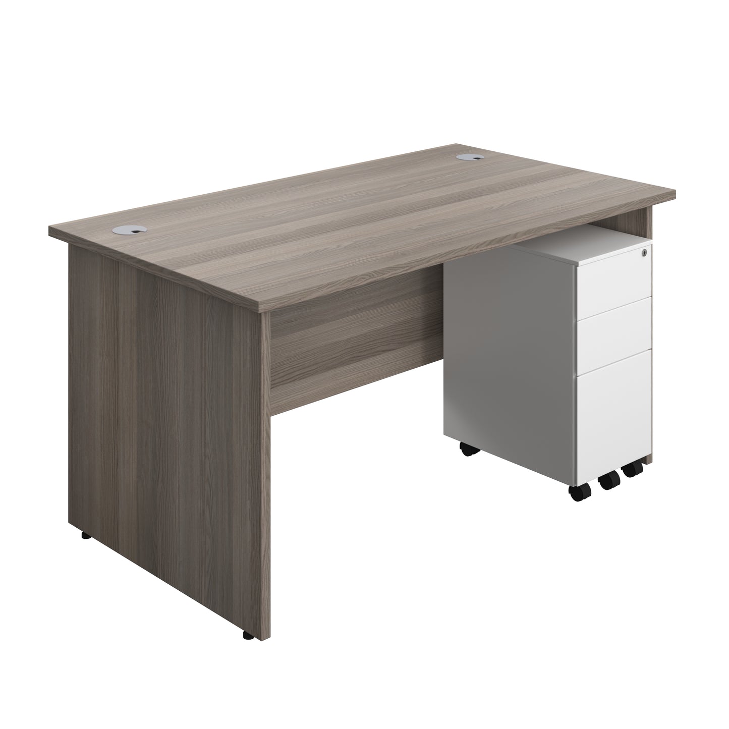Aztec|Panel|Rectangular Desk with 3 Drawer White Slimline Steel Pedestal|1400x800|Grey Oak