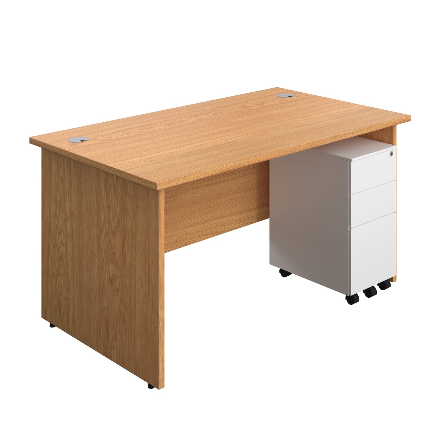 Aztec|Panel|Rectangular Desk with 3 Drawer White Slimline Steel Pedestal|1400x800|Nova Oak
