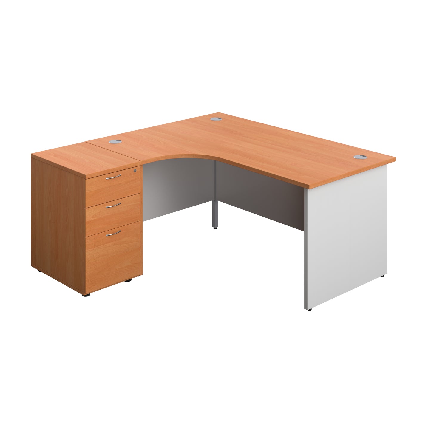 Aztec|Panel|Left Hand|Radial Desk with 3 Drawer 600 Desk High Pedestal|1600x1200|Beech-White