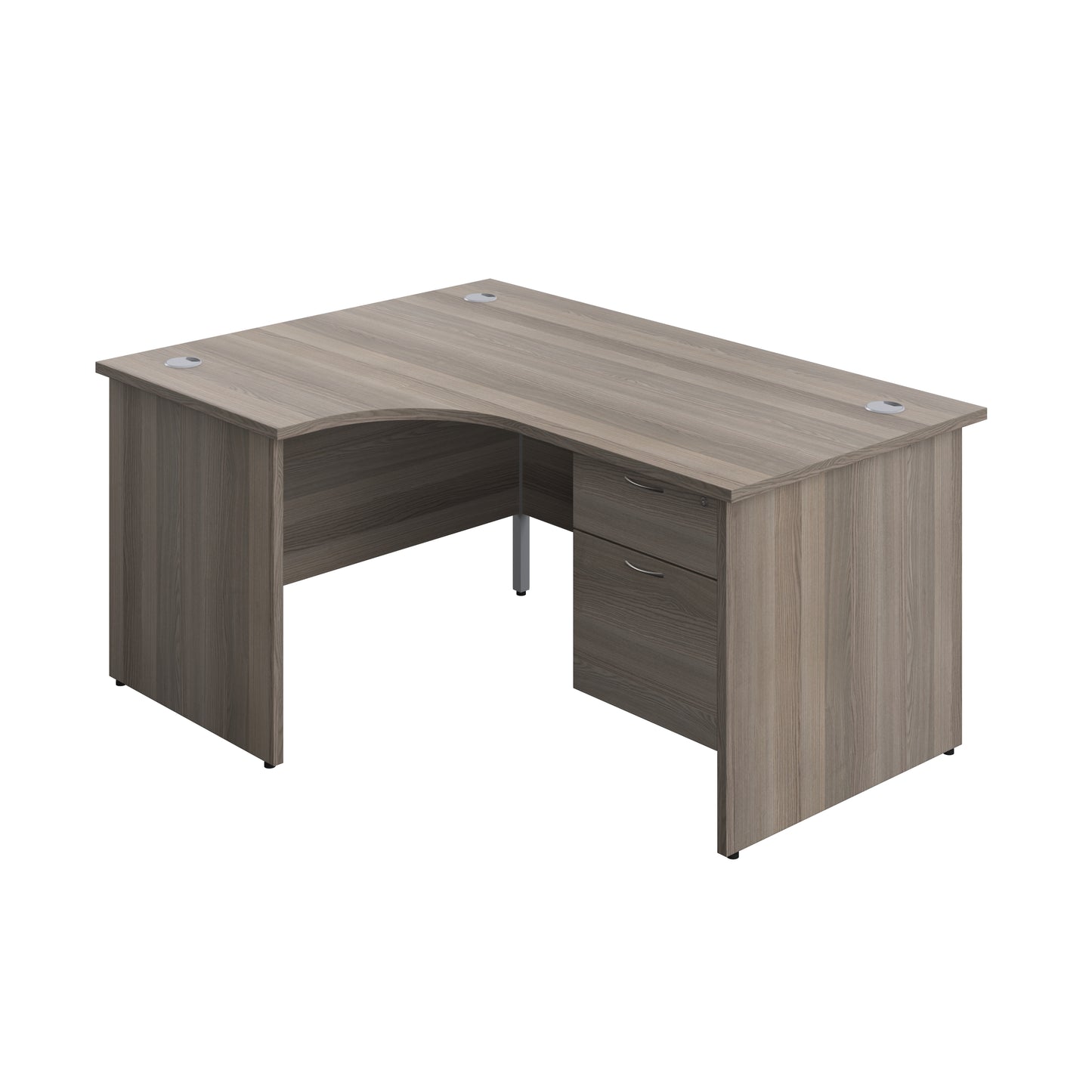 Aztec|Panel|Left Hand|Radial Desk with 2 Drawer Fixed Pedestal|1600x1200|Grey Oak