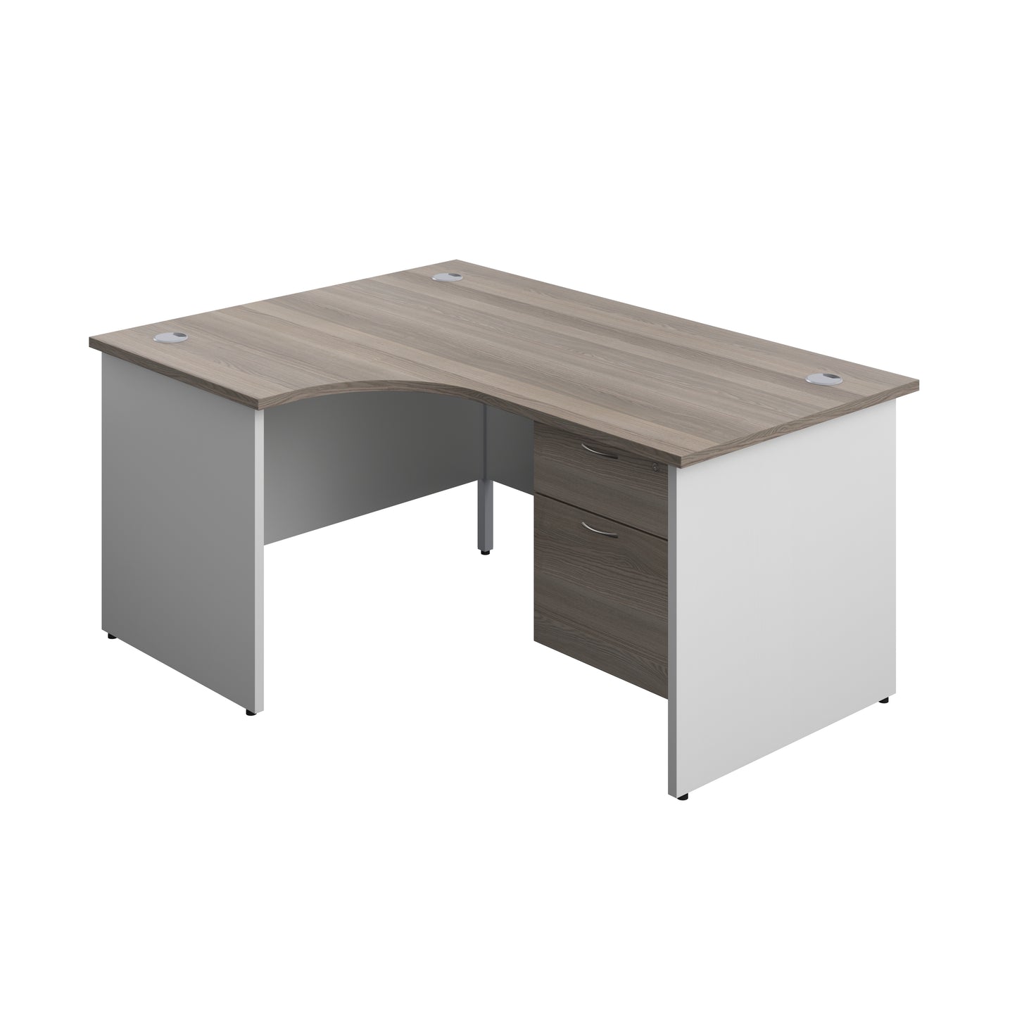 Aztec|Panel|Left Hand|Radial Desk with 2 Drawer Fixed Pedestal|1600x1200|Grey Oak-White