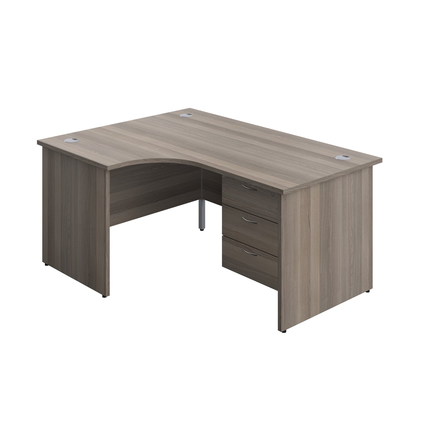 Aztec|Panel|Left Hand|Radial Desk with 3 Drawer Fixed Pedestal|1600x1200|Grey Oak