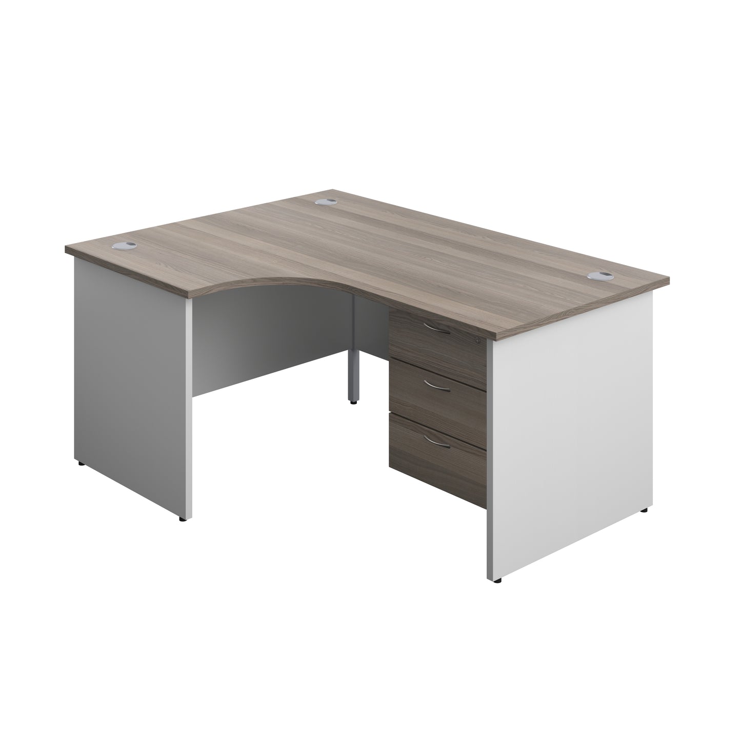 Aztec|Panel|Left Hand|Radial Desk with 3 Drawer Fixed Pedestal|1600x1200|Grey Oak-White