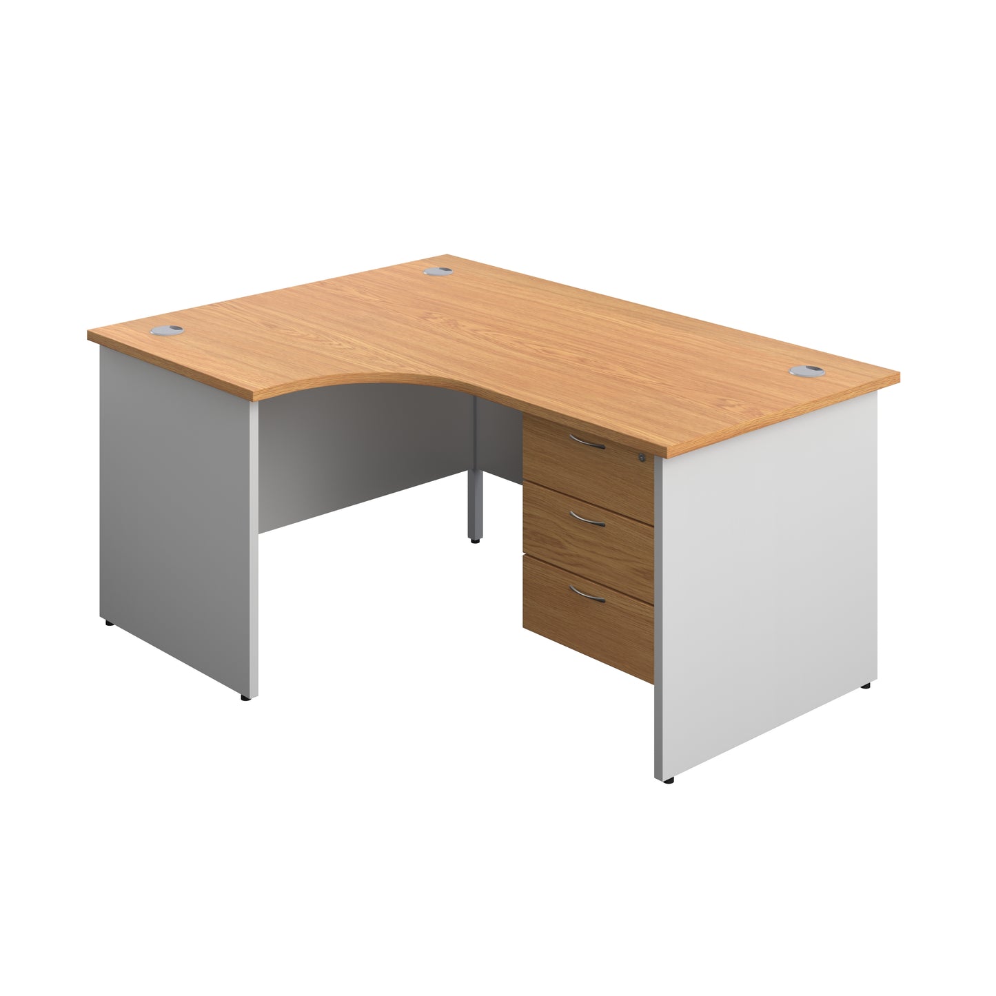 Aztec|Panel|Left Hand|Radial Desk with 3 Drawer Fixed Pedestal|1600x1200|Nova Oak-White