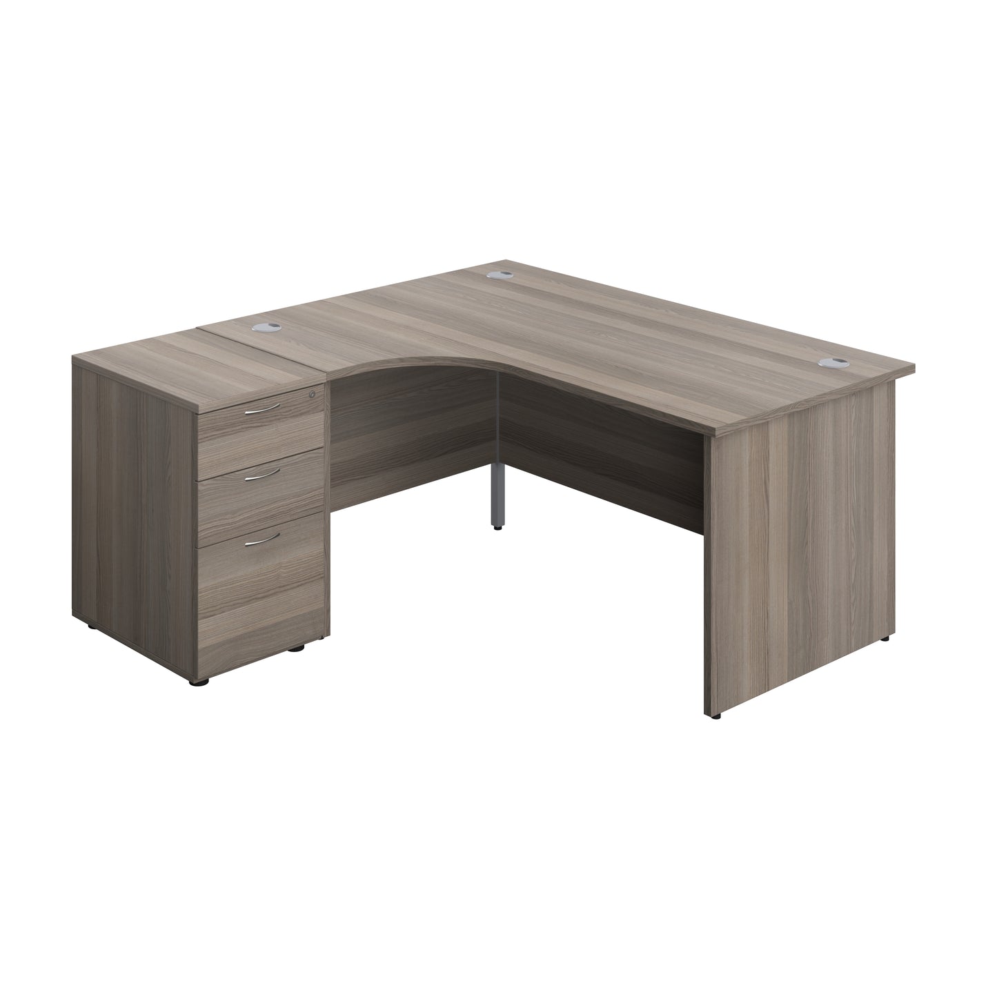 Aztec|Panel|Left Hand|Radial Desk with 3 Drawer 600 Desk High Pedestal|1600x1200|Grey Oak-White