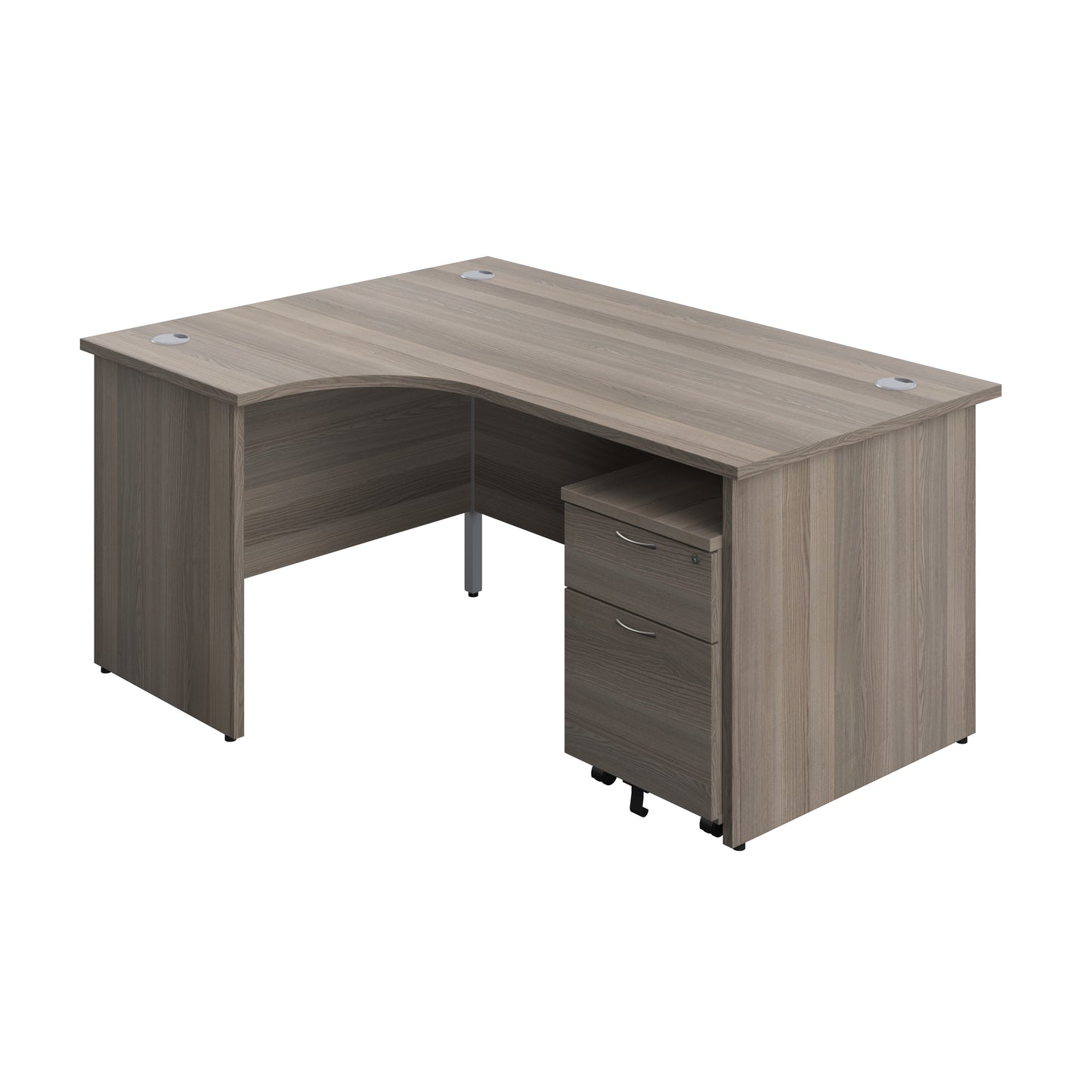 Aztec|Panel|Left Hand|Radial Desk with 2 Drawer Mobile Pedestal|1600x1200|Grey Oak-White