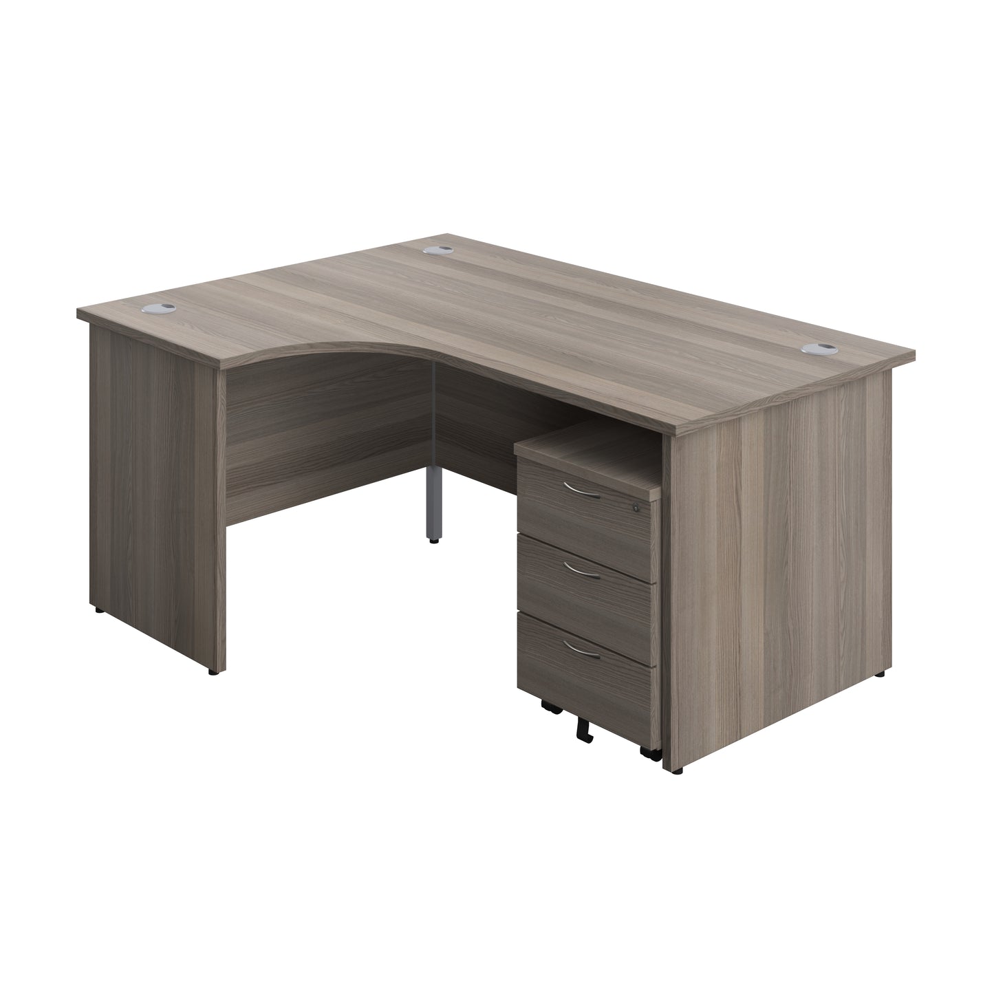Aztec|Panel|Left Hand|Radial Desk with 3 Drawer Mobile Pedestal|1600x1200|Grey Oak-White