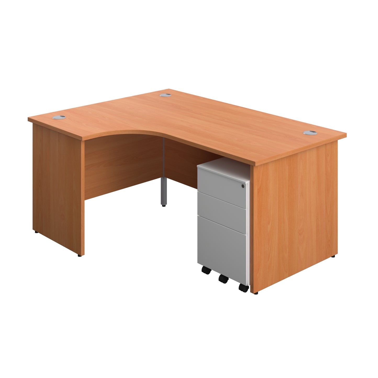 Aztec|Panel|Left Hand|Radial Desk with 3 Drawer White Steel Mobile Pedestal|1600x1200|Grey Oak