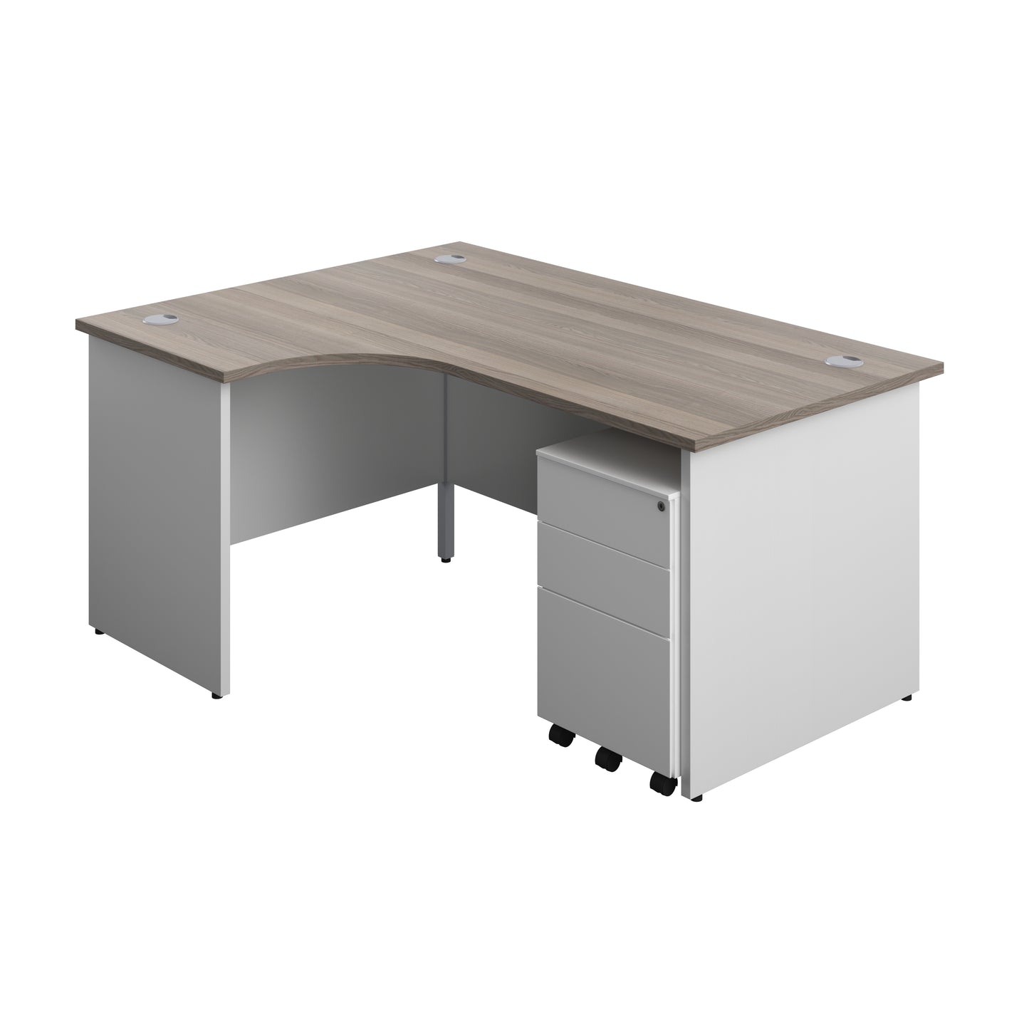 Aztec|Panel|Left Hand|Radial Desk with 3 Drawer Steel Mobile Pedestal|1600x1200|Nova Oak-White