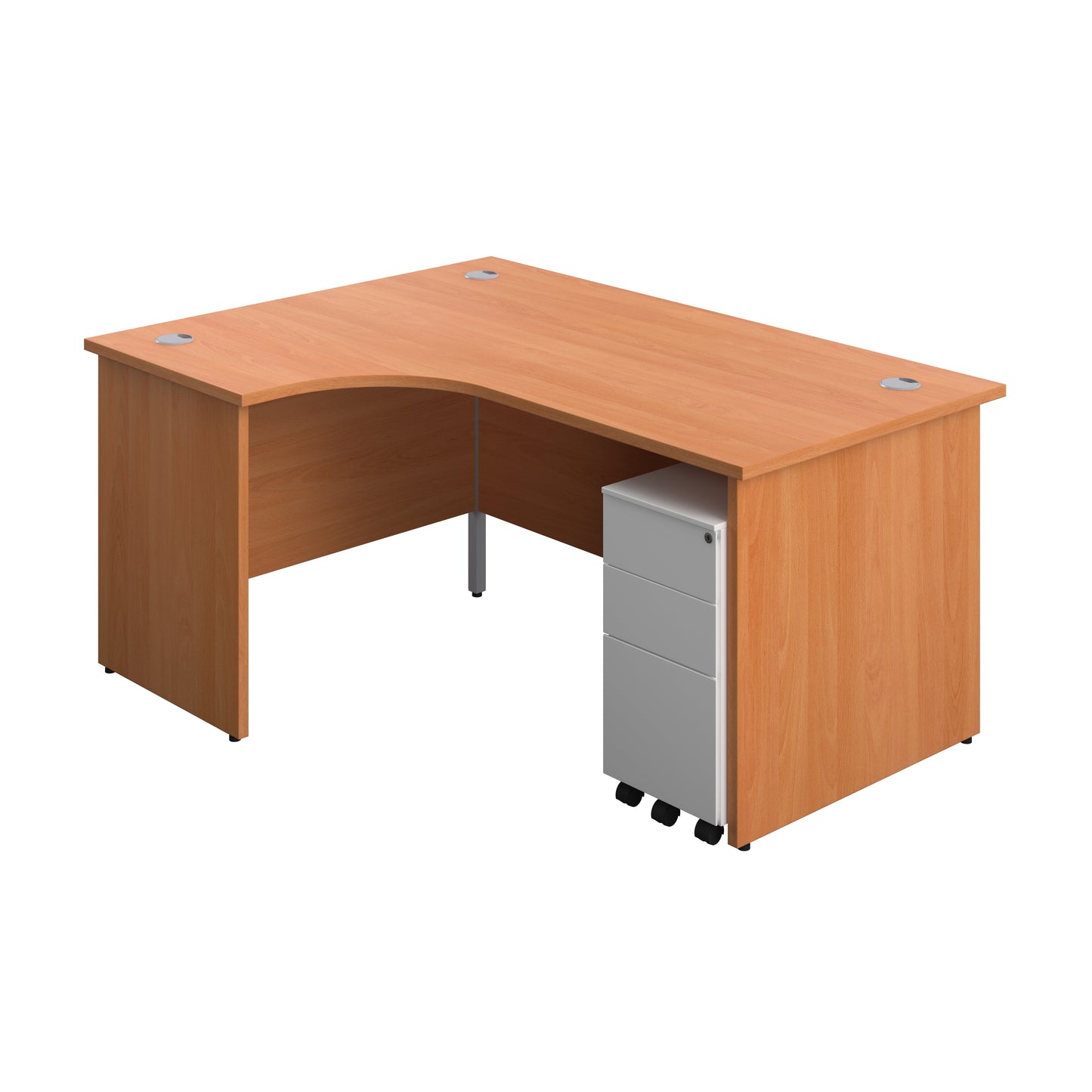Aztec|Panel|Left Hand|Radial Desk with 3 Drawer White Slimline Steel Mobile Pedestal|1600x1200|Grey Oak