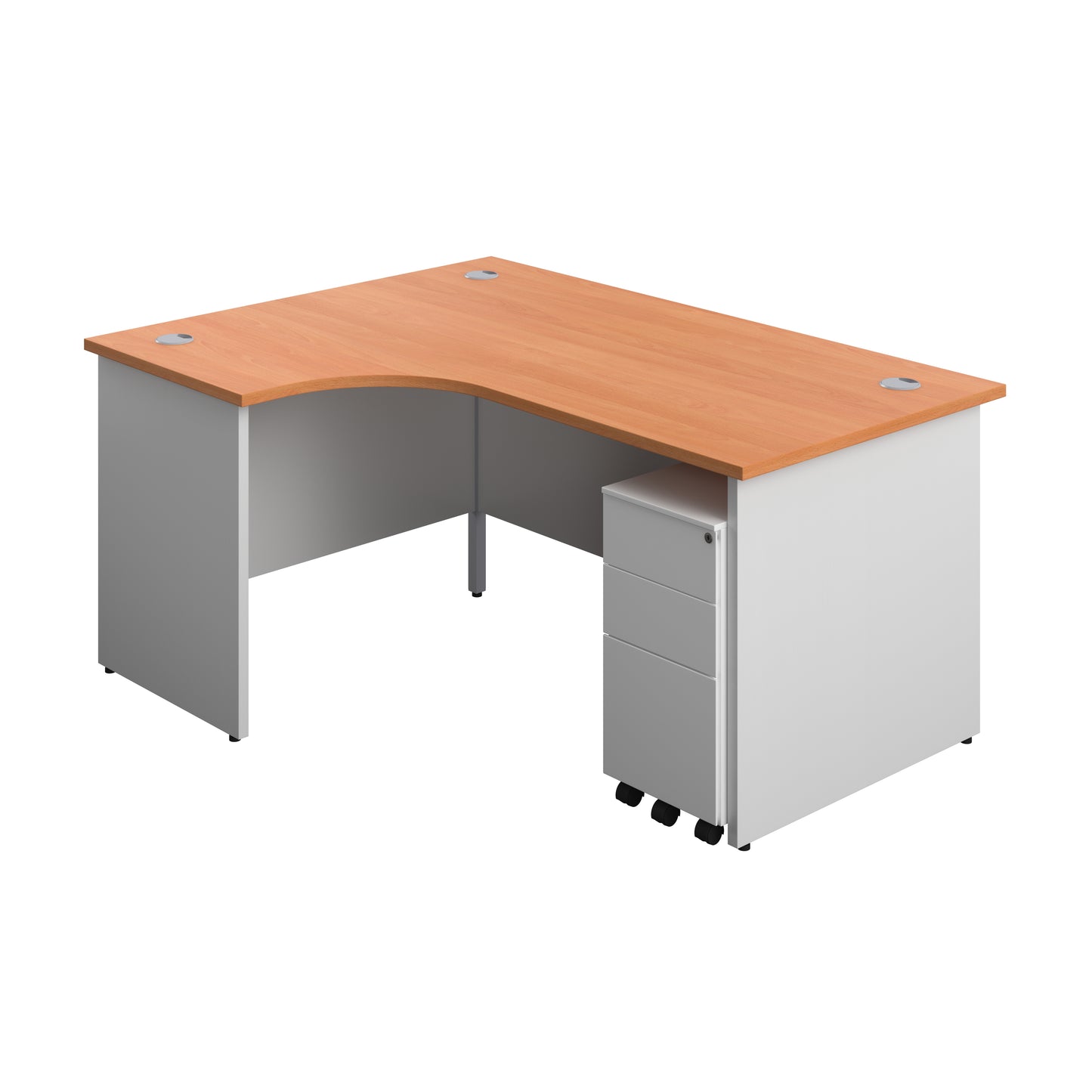 Aztec|Panel|Left Hand|Radial Desk with 3 Drawer White Slimline Steel Mobile Pedestal|1600x1200|Grey Oak-White