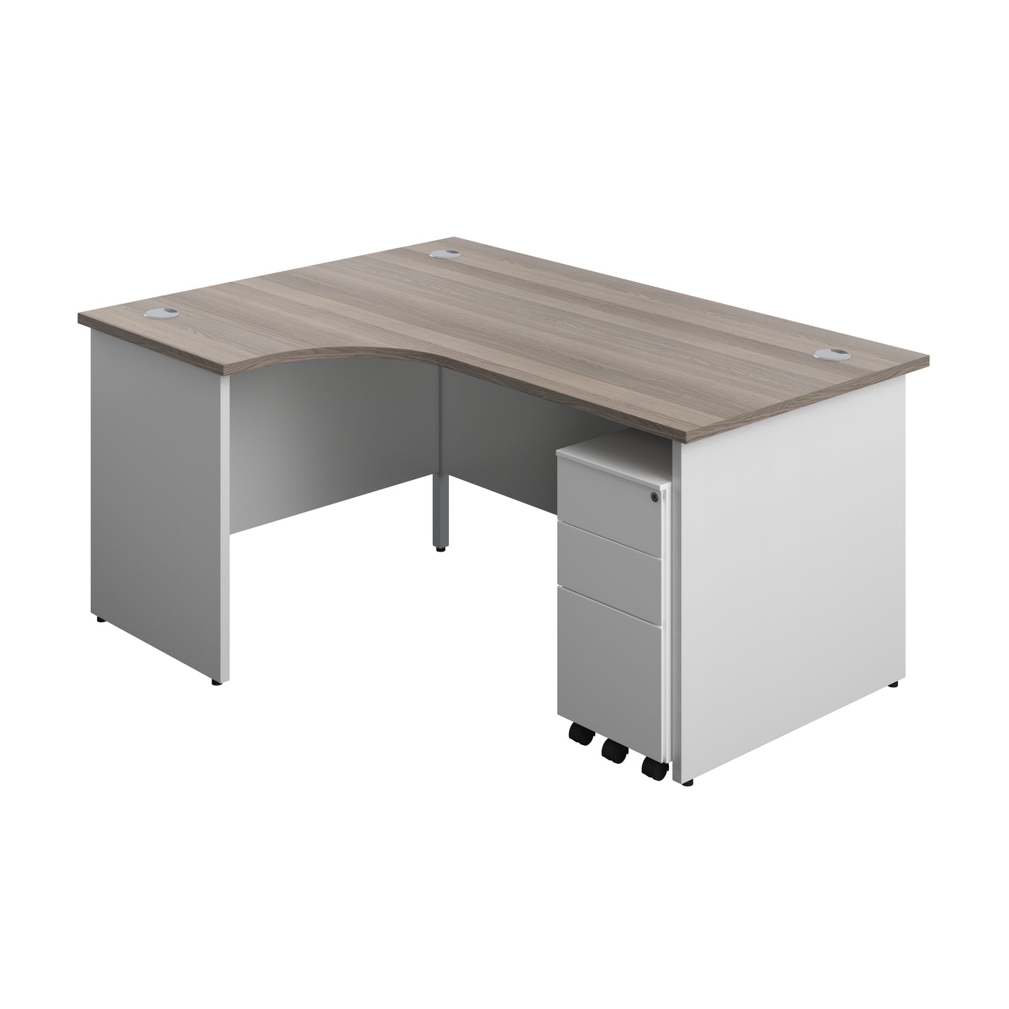 Aztec|Panel|Left Hand|Radial Desk with 3 Drawer White Slimline Steel Mobile Pedestal|1600x1200|Nova Oak-White