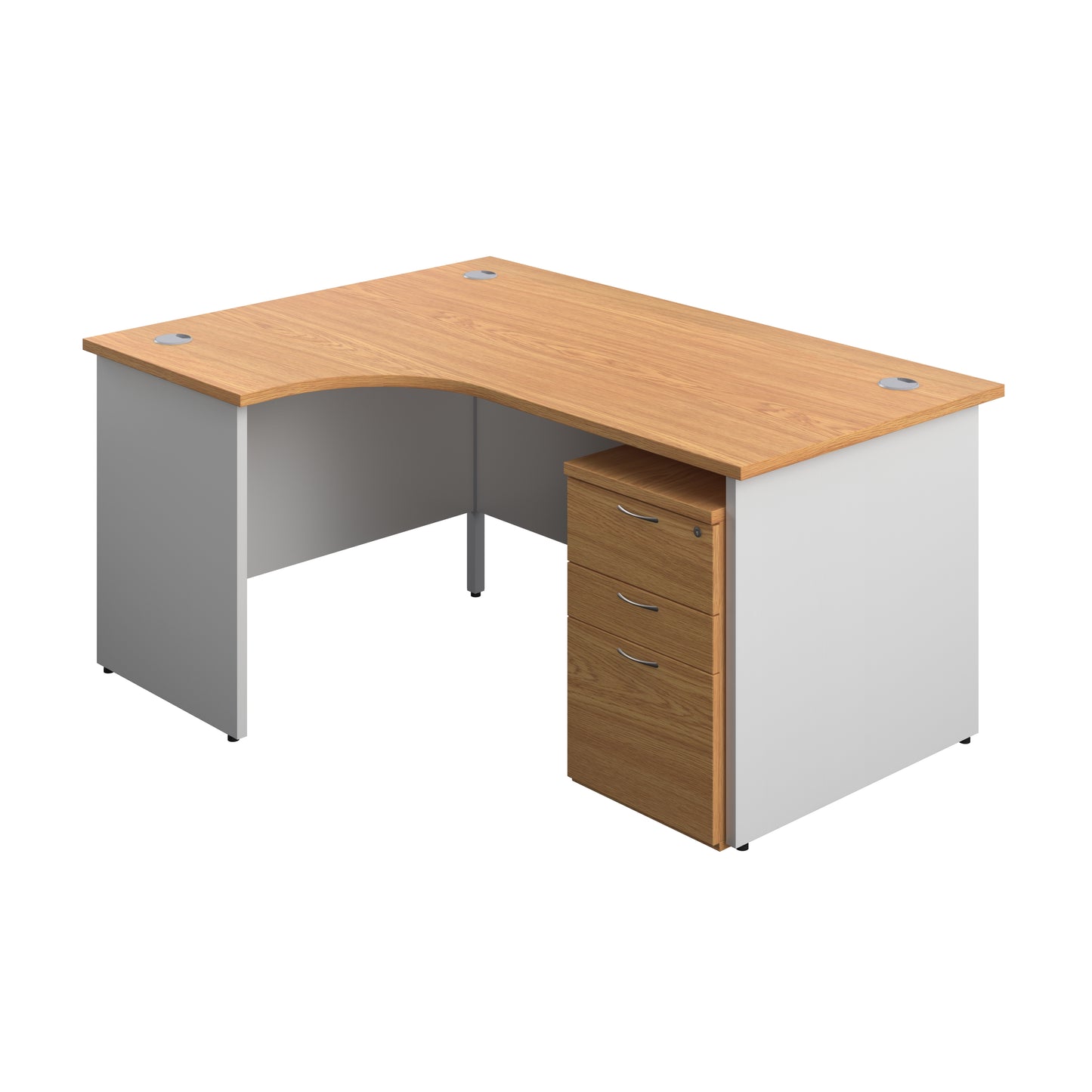Aztec|Panel|Left Hand|Radial Desk with 3 Drawer Under Desk Pedestal|1600x1200|Nova Oak-White