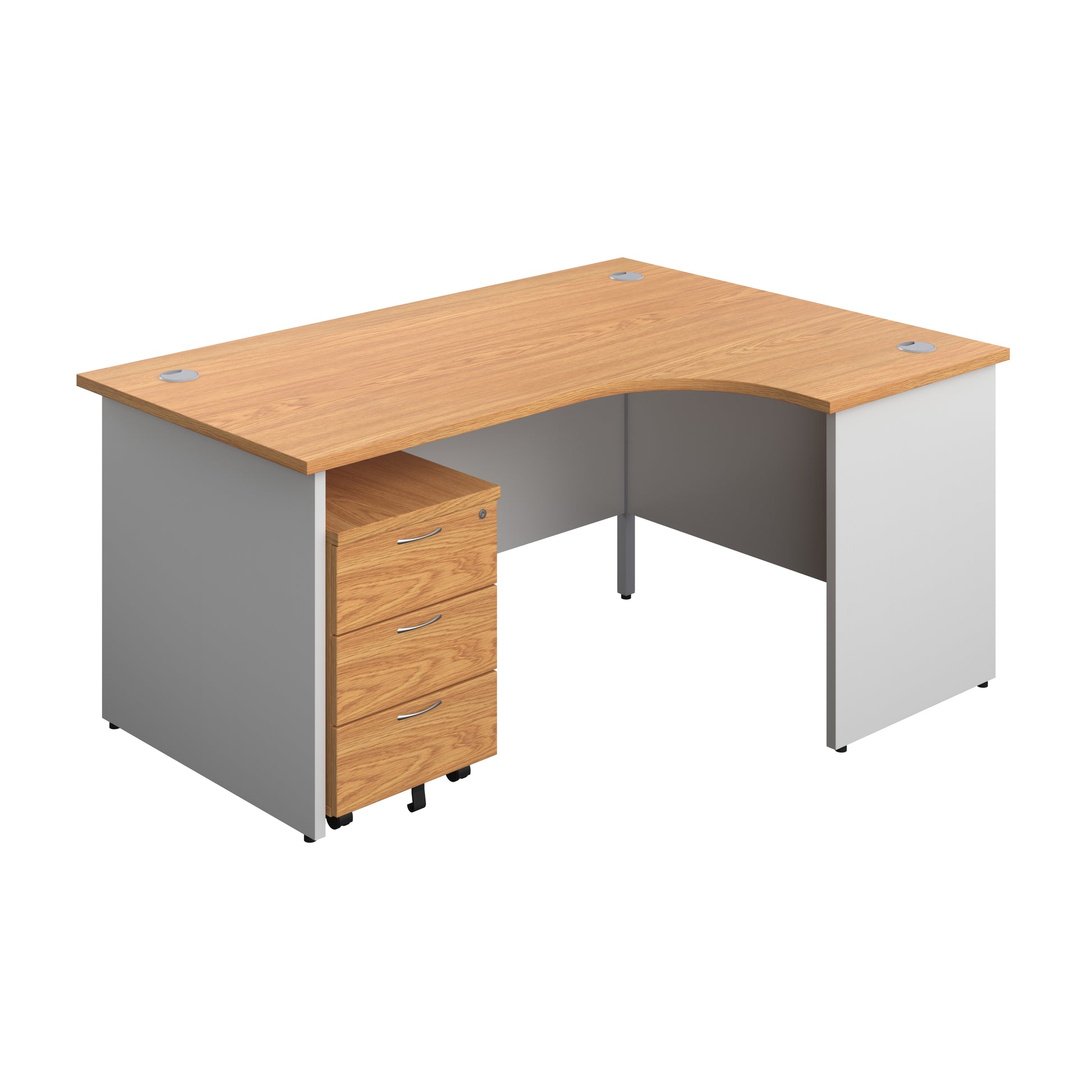 Aztec|Panel|Right Hand|Radial Desk with 3 Drawer 600 Desk High Pedestal|1600x1200|Nova Oak-White