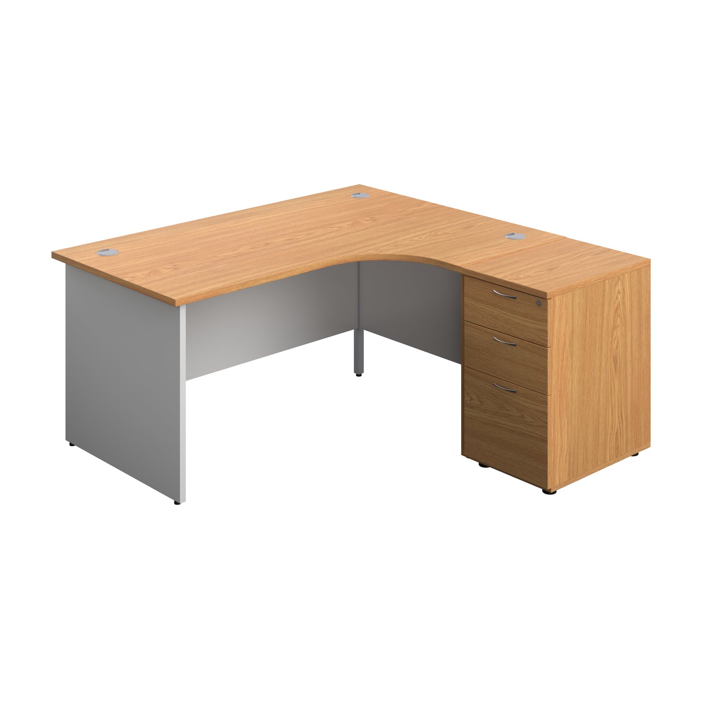 Aztec|Panel|Right Hand|Radial Desk with 3 Drawer White Steel Mobile Pedestal|1600x1200|Grey Oak