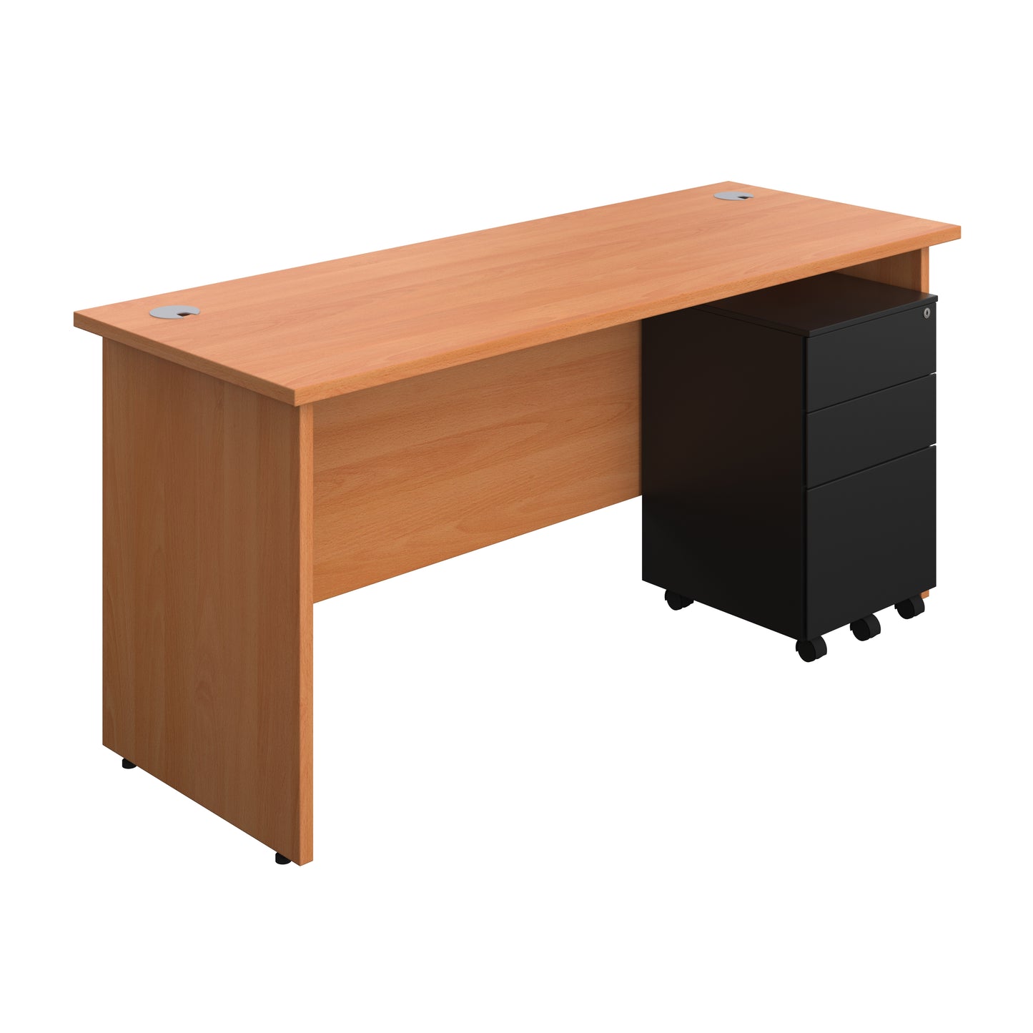 Aztec|Panel|Rectangular Desk with 3 Drawer Black Steel Pedestal|1600x600|Beech