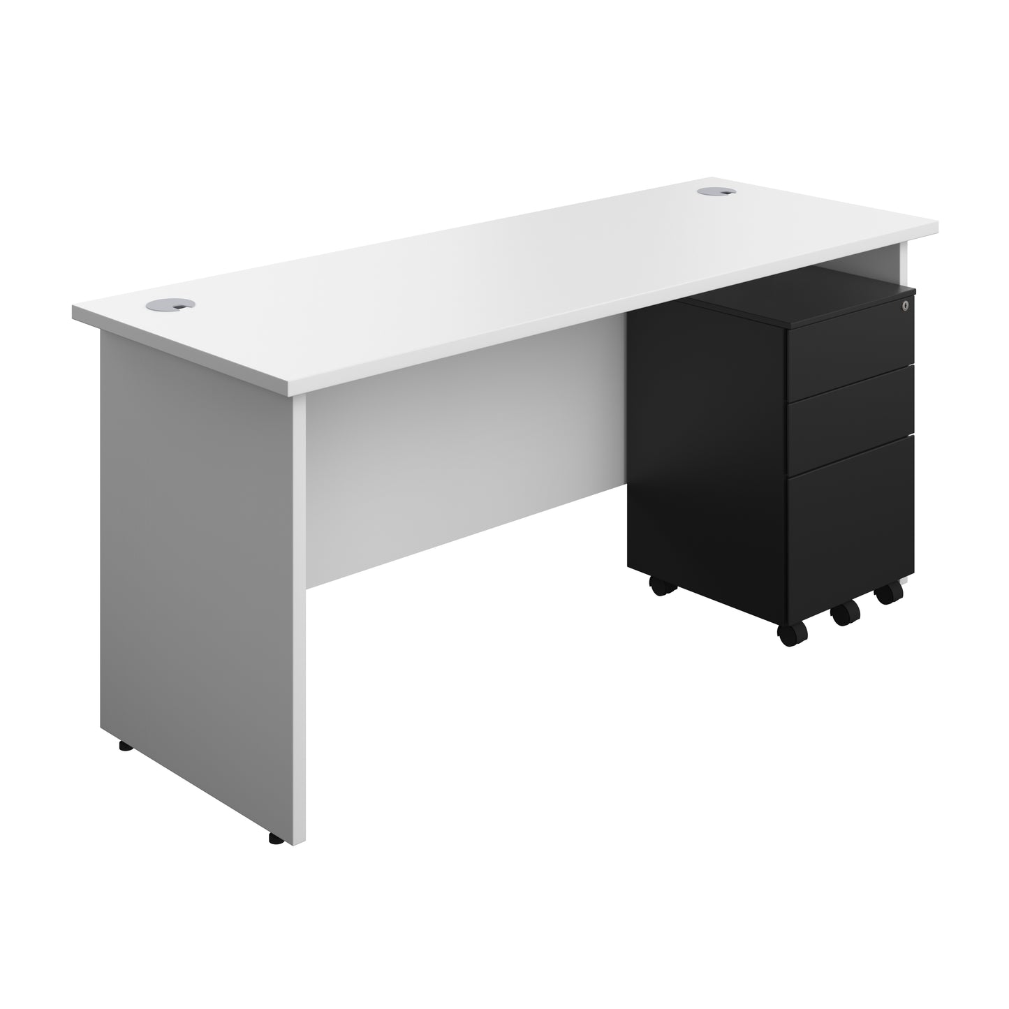 Aztec|Panel|Rectangular Desk with 3 Drawer Black Steel Pedestal|1600x600|White