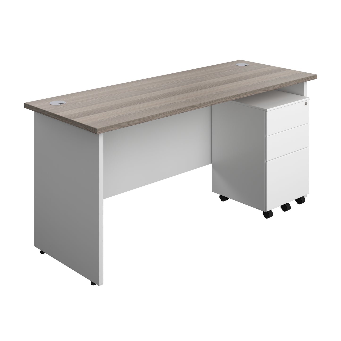 Aztec|Panel|Rectangular Desk with 3 Drawer Steel Pedestal|1600x600|Grey Oak-White