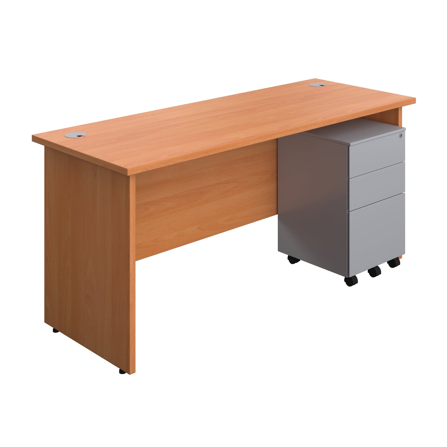 Aztec|Panel|Rectangular Desk with 3 Drawer Silver Steel Pedestal|1600x600|Beech