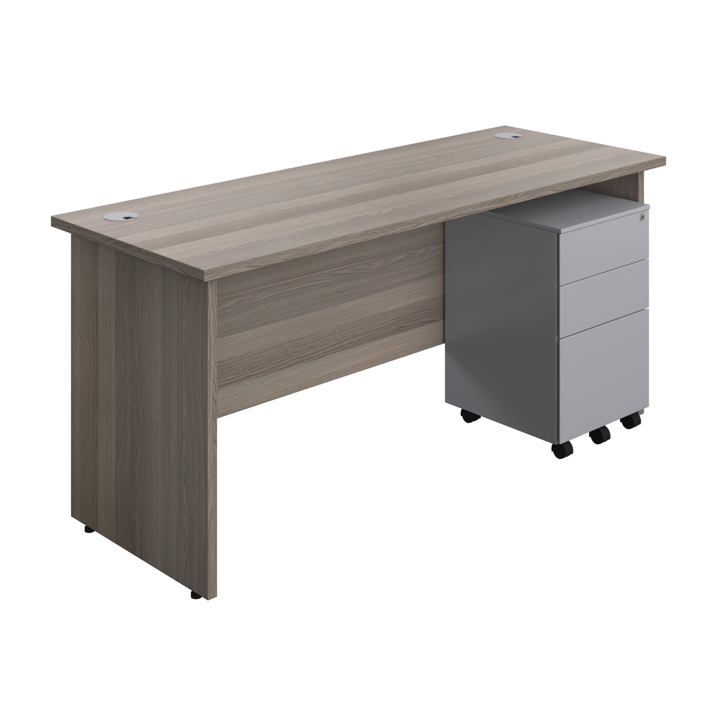 Aztec|Panel|Rectangular Desk with 3 Drawer Silver Steel Pedestal|1600x600|Grey Oak