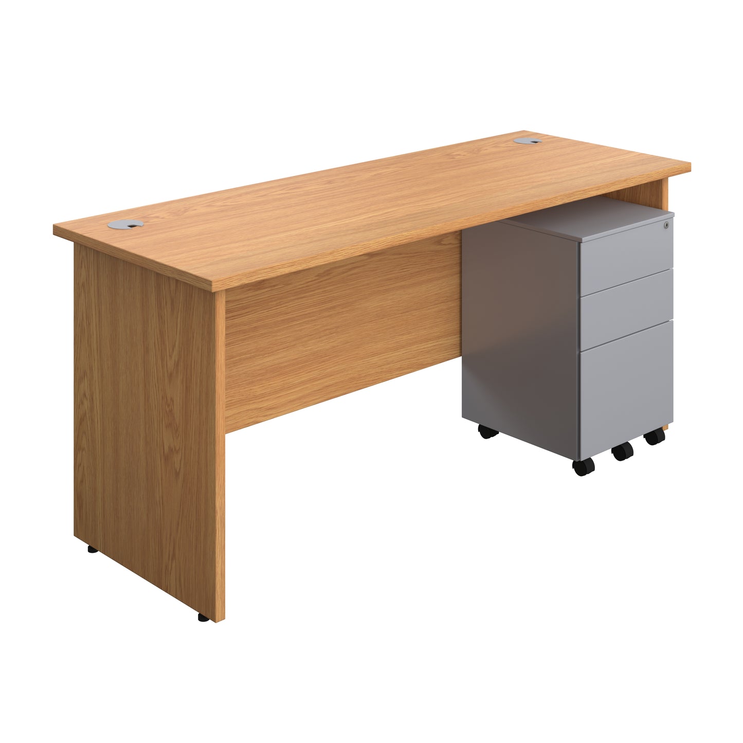 Aztec|Panel|Rectangular Desk with 3 Drawer Silver Steel Pedestal|1600x600|Nova Oak
