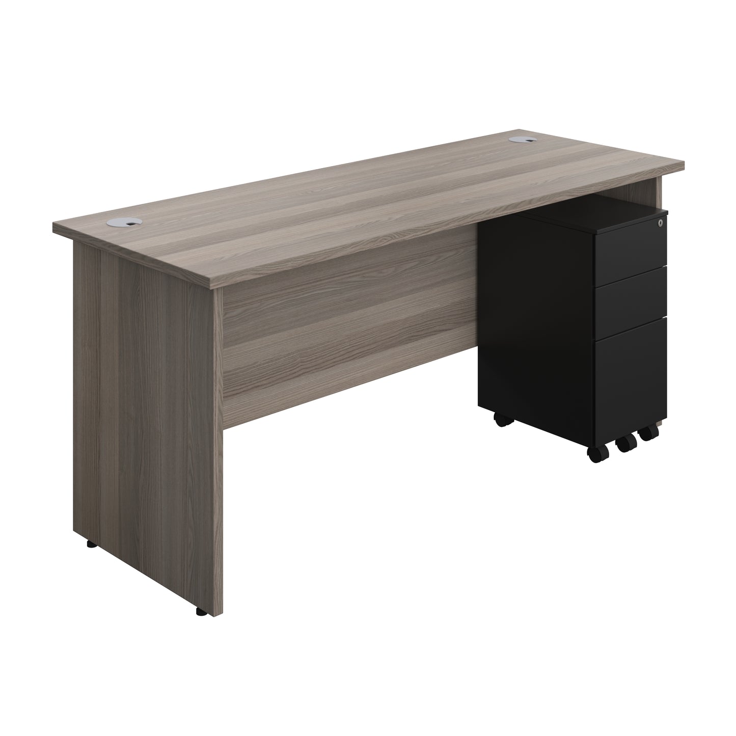 Aztec|Panel|Rectangular Desk with 3 Drawer Black Slimline Steel Pedestal|1600x600|Grey Oak