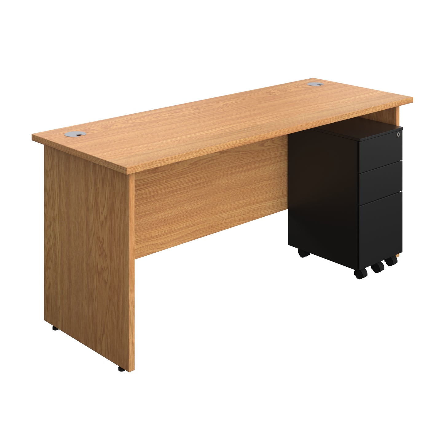 Aztec|Panel|Rectangular Desk with 3 Drawer Black Slimline Steel Pedestal|1600x600|Nova Oak