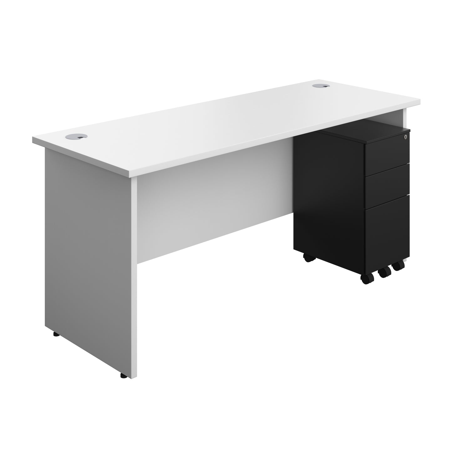 Aztec|Panel|Rectangular Desk with 3 Drawer Black Slimline Steel Pedestal|1600x600|White