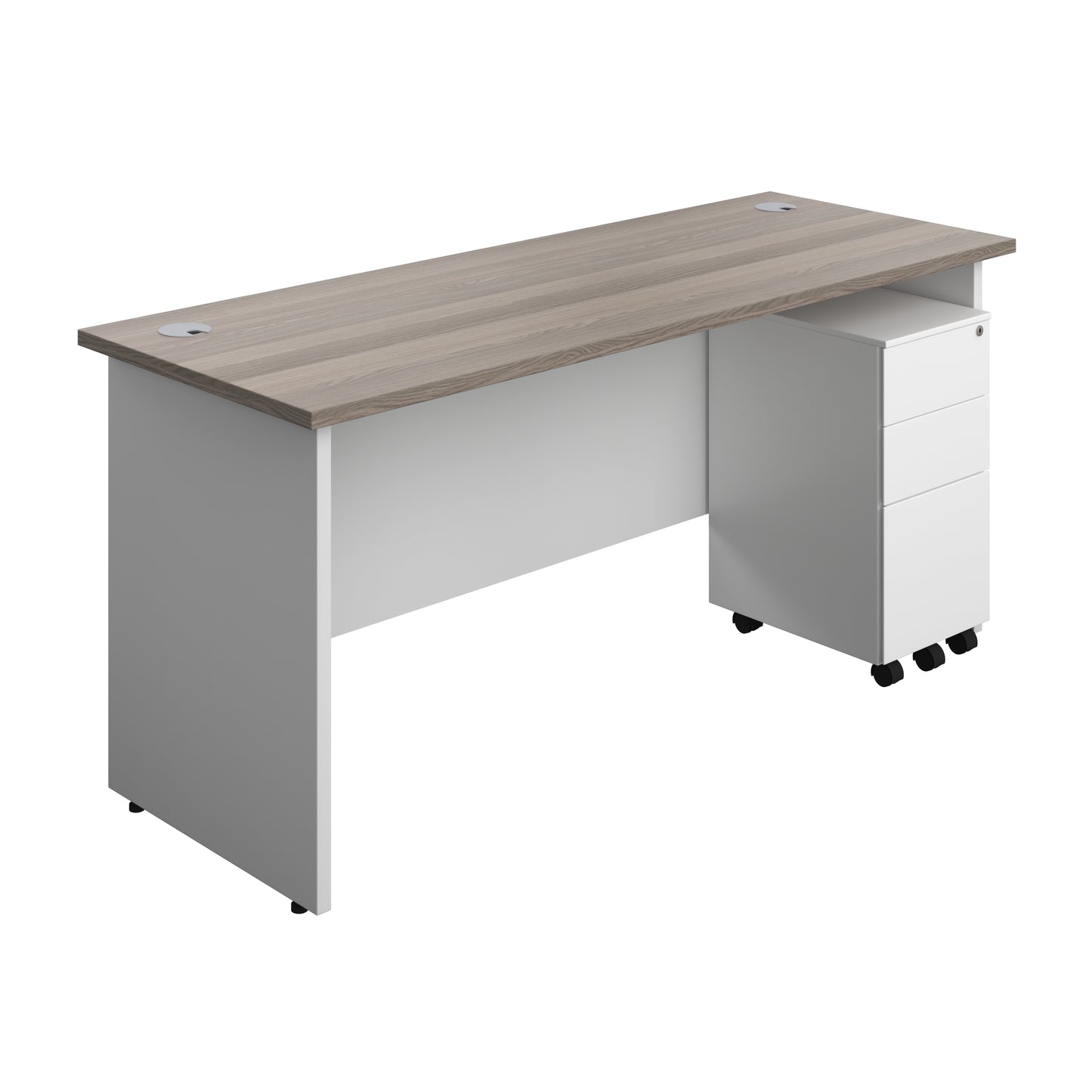 Aztec|Panel|Rectangular Desk with 3 Drawer Slimline Steel Pedestal|1600x600|Grey Oak-White
