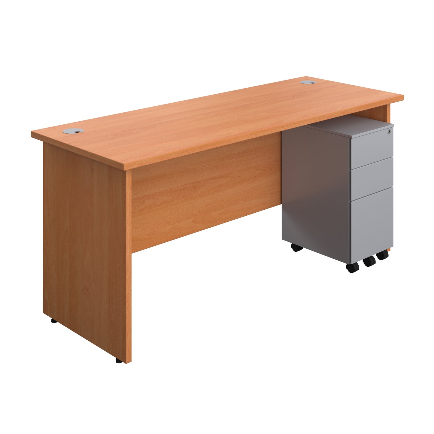 Aztec|Panel|Rectangular Desk with 3 Drawer Silver Slimline Steel Pedestal|1600x600|Beech