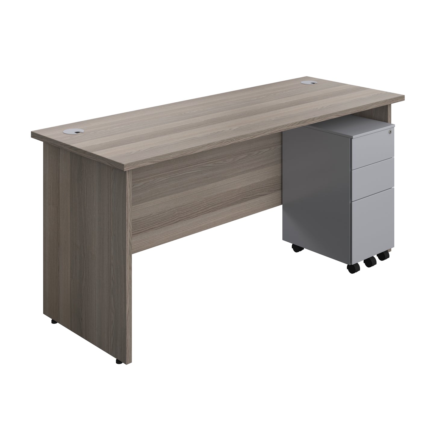 Aztec|Panel|Rectangular Desk with 3 Drawer Silver Slimline Steel Pedestal|1600x600|Grey Oak