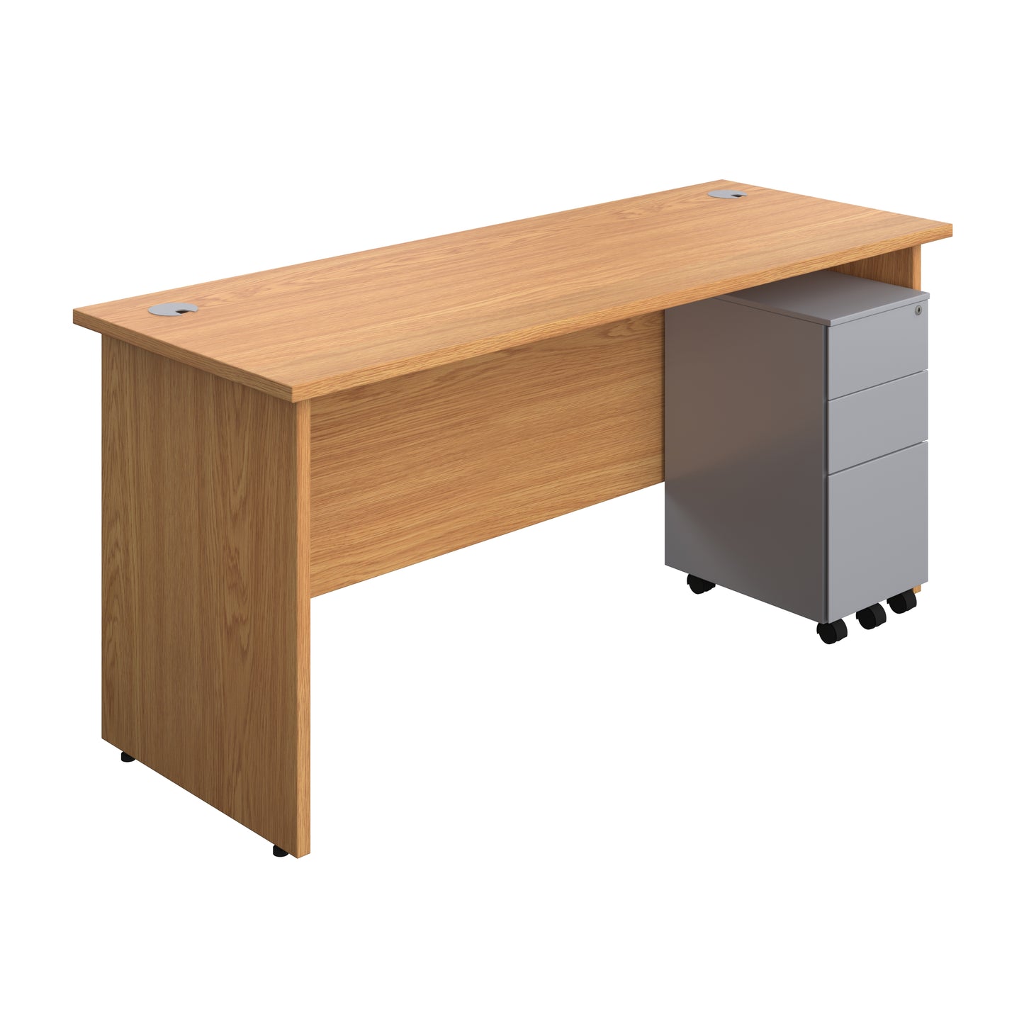 Aztec|Panel|Rectangular Desk with 3 Drawer Silver Slimline Steel Pedestal|1600x600|Nova Oak