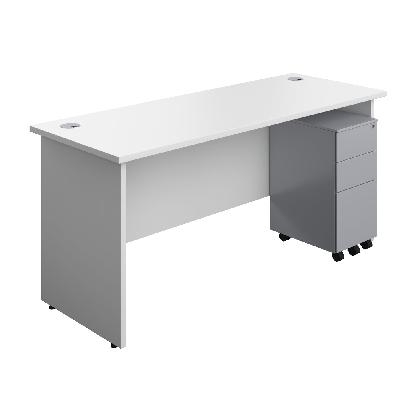 Aztec|Panel|Rectangular Desk with 3 Drawer Silver Slimline Steel Pedestal|1600x600|White