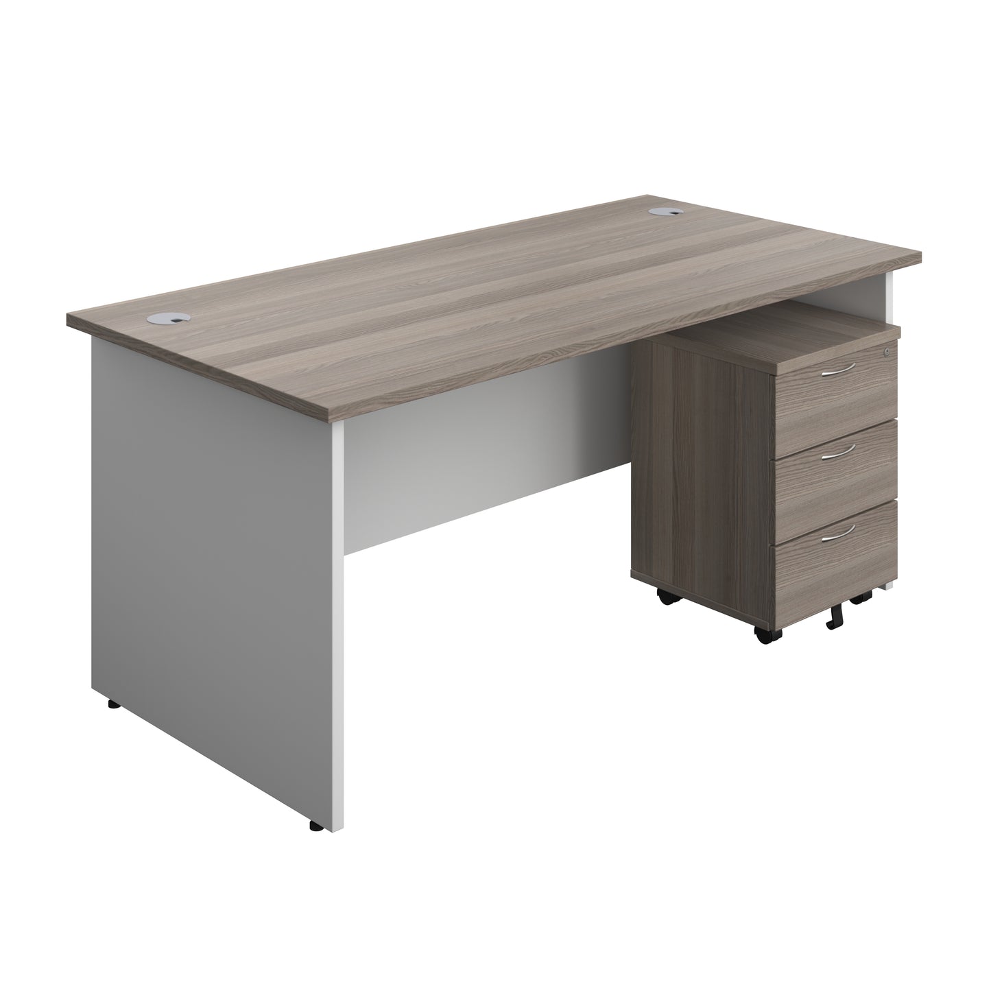 Aztec|Panel|Rectangular Desk with 3 Drawer Mobile Pedestal|1600x800|Grey Oak-White