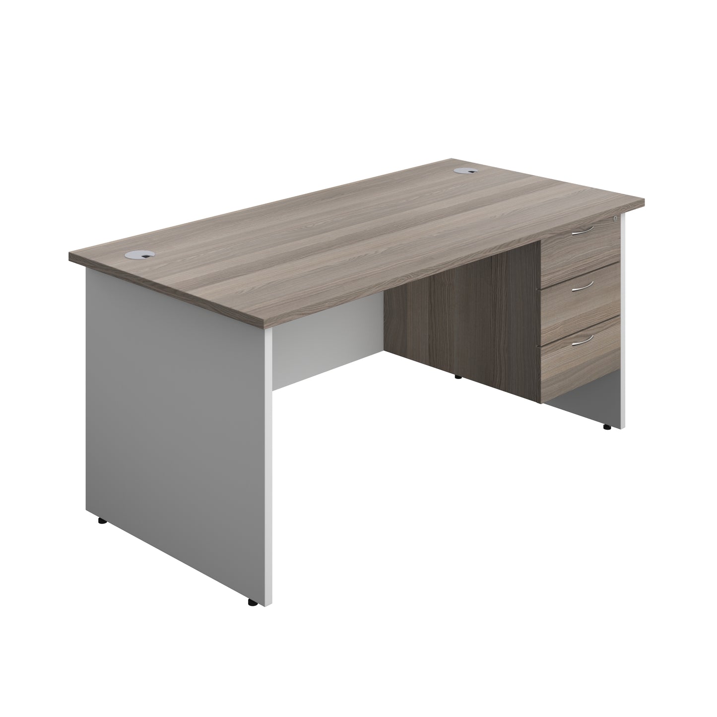 Aztec|Panel|Rectangular Desk with 3 Drawer Fixed Pedestal|1600x800|Grey Oak-White