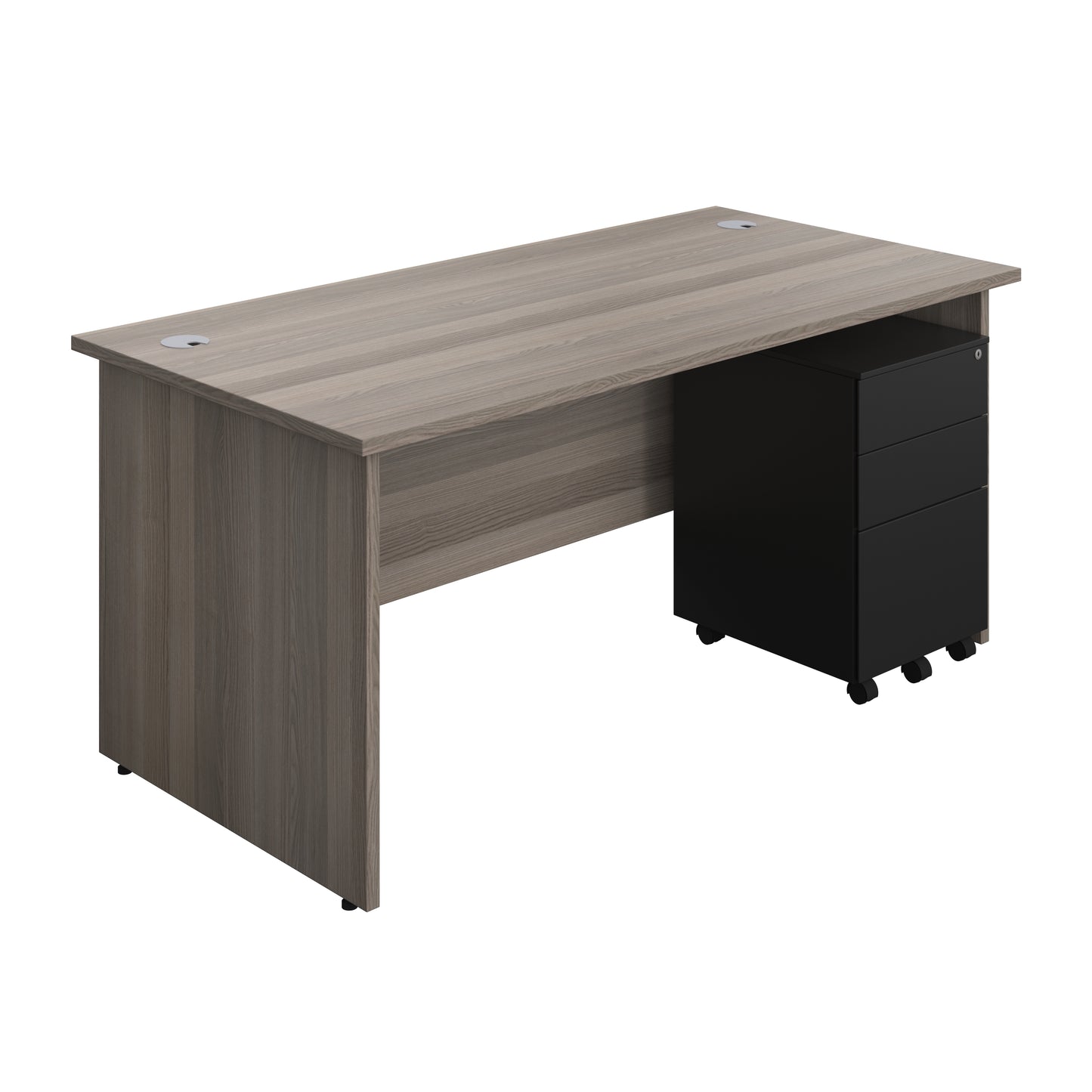 Aztec|Panel|Rectangular Desk with 3 Drawer Black Steel Pedestal|1600x800|Grey Oak