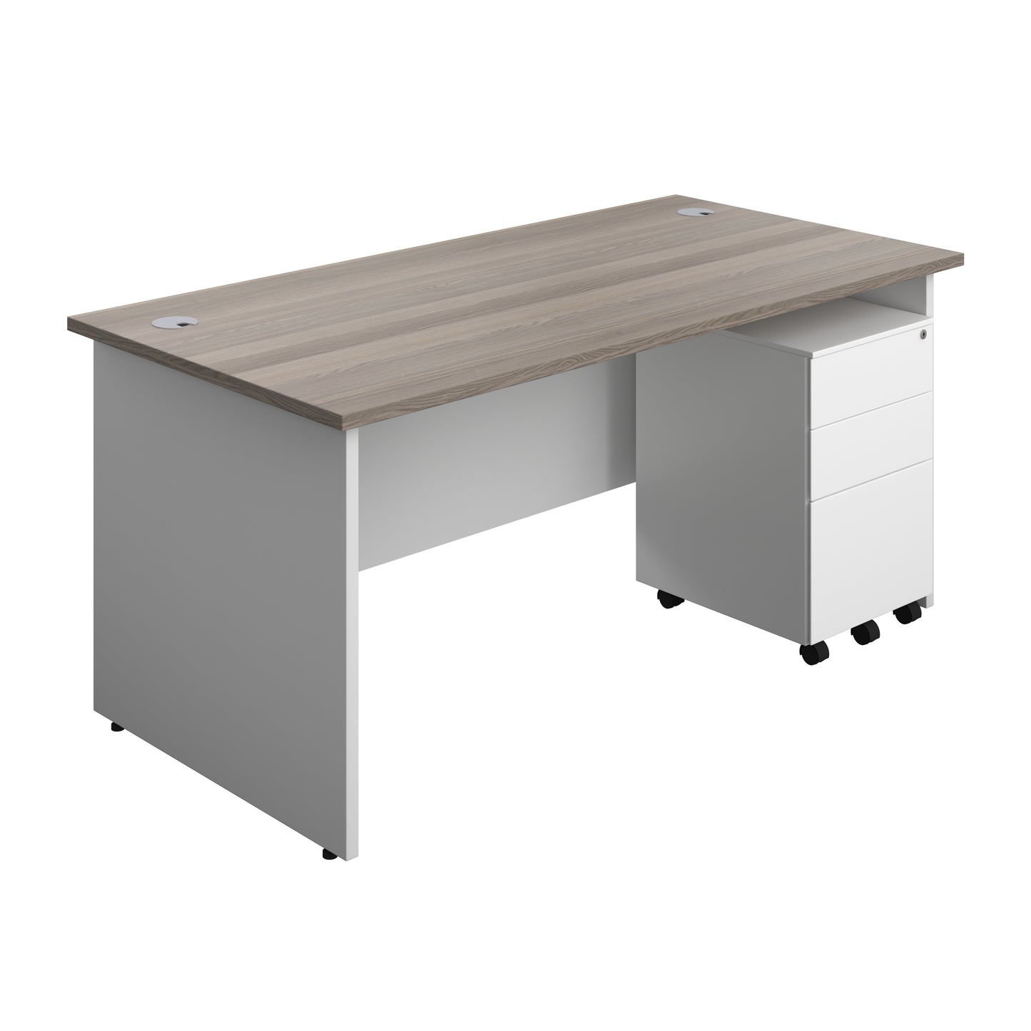 Aztec|Panel|Rectangular Desk with 3 Drawer Steel Pedestal|1600x800|Grey Oak-White