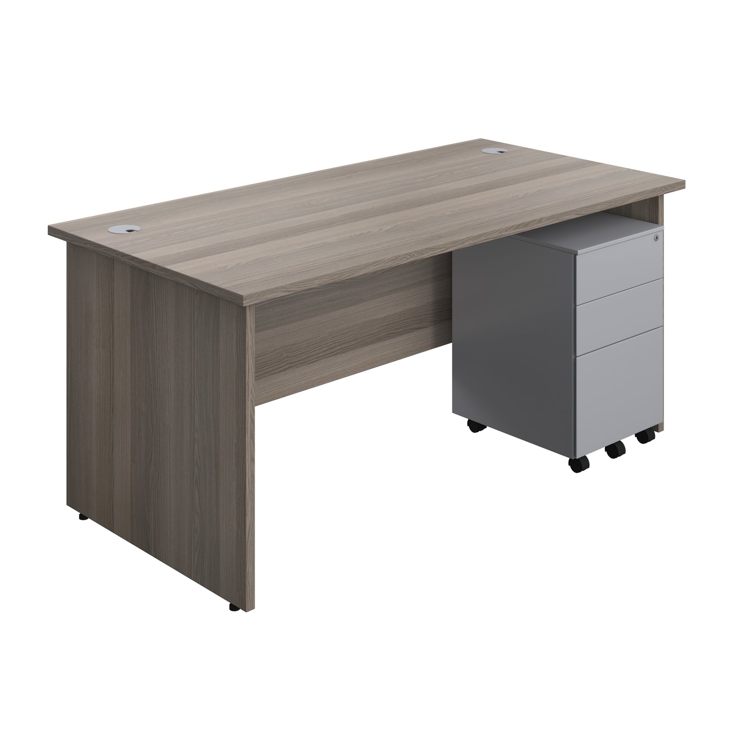 Aztec|Panel|Rectangular Desk with 3 Drawer Silver Steel Pedestal|1600x800|Grey Oak