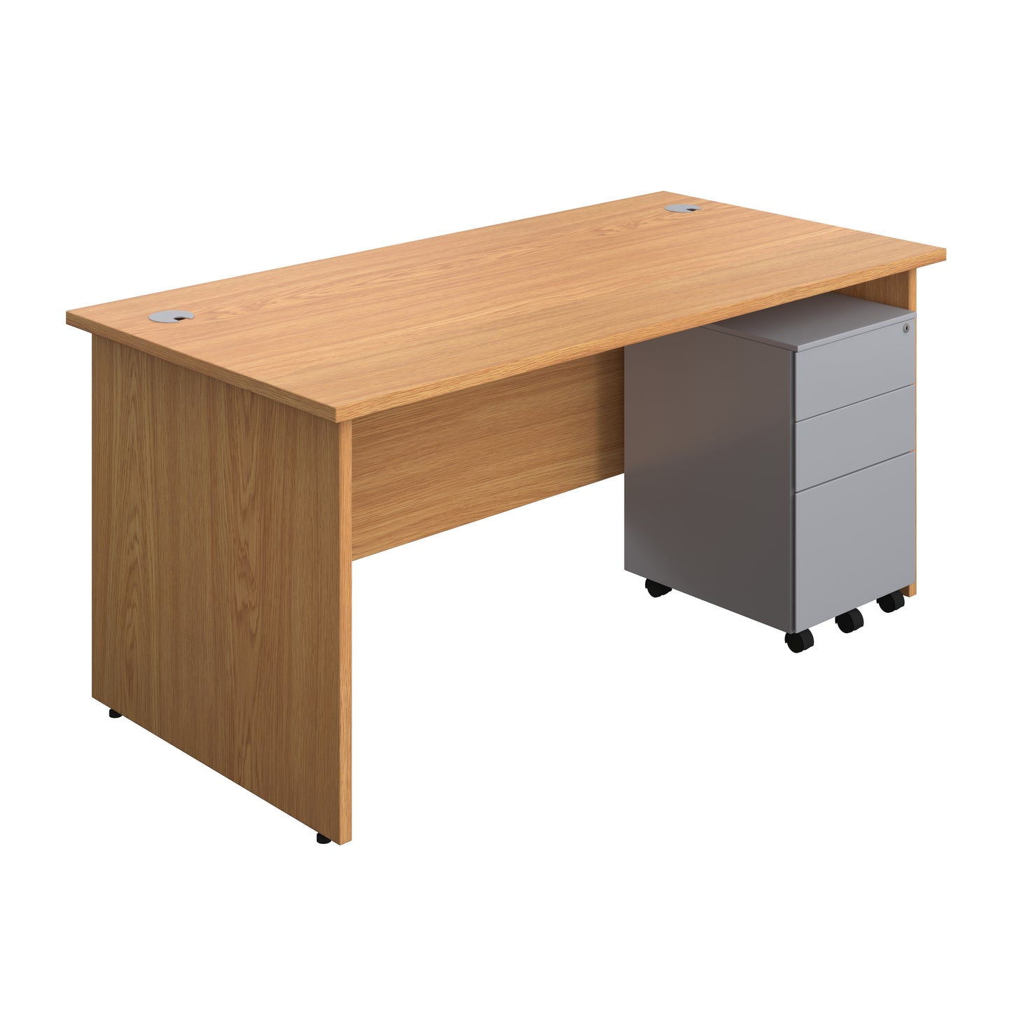Aztec|Panel|Rectangular Desk with 3 Drawer Silver Steel Pedestal|1600x800|Nova Oak