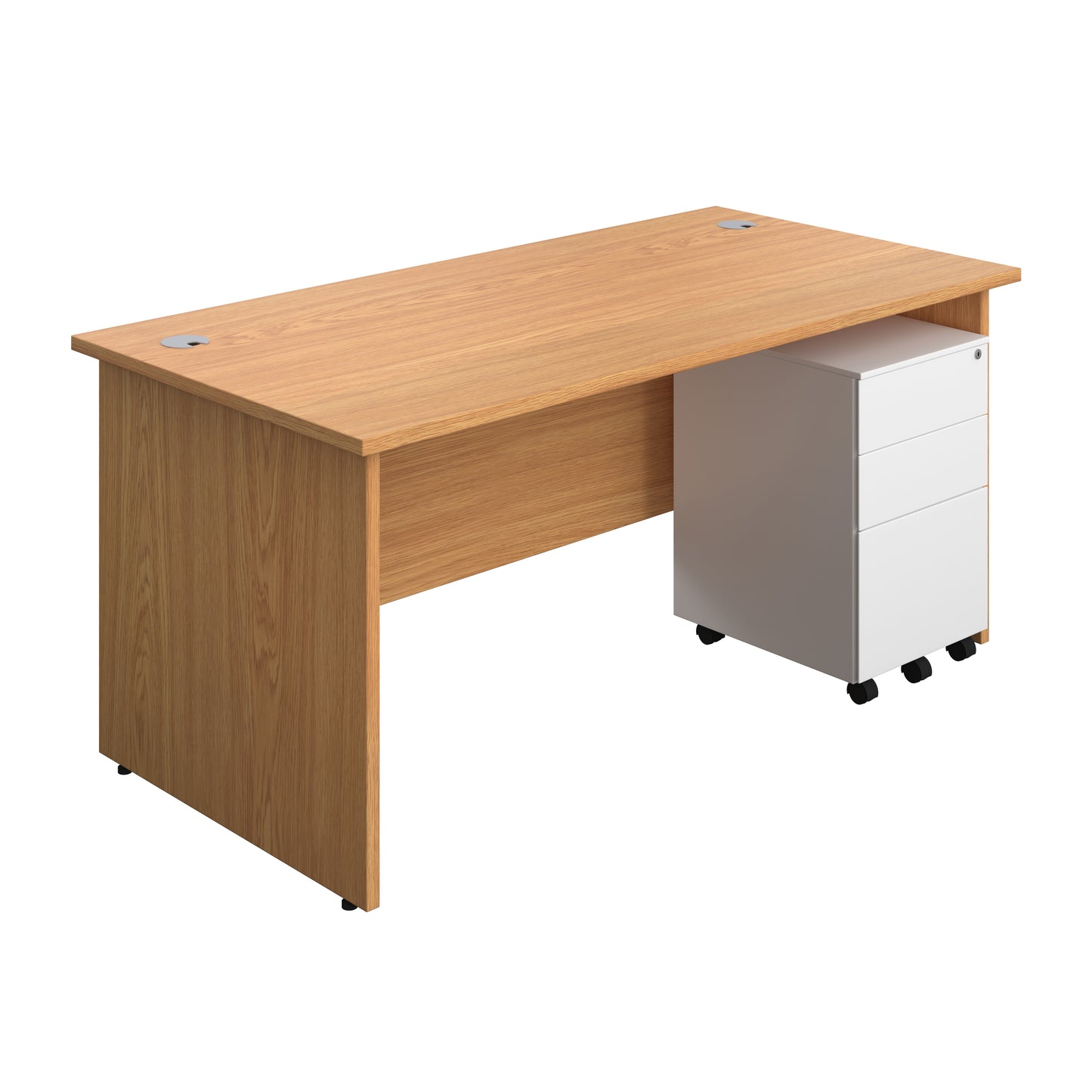 Aztec|Panel|Rectangular Desk with 3 Drawer White Steel Pedestal|1600x800|Nova Oak